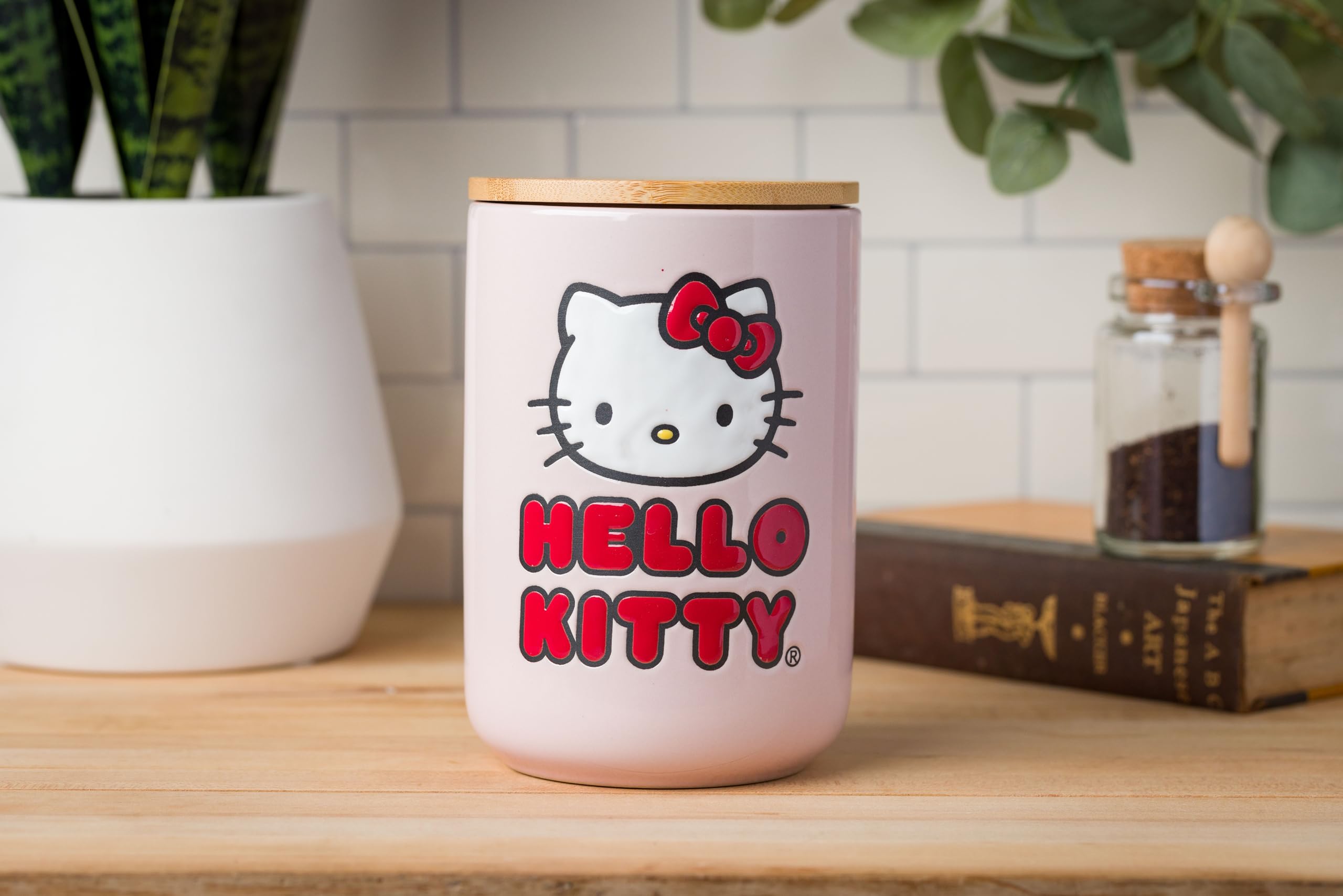 Silver Buffalo Sanrio Hello Kitty Wax Resist Ceramic Cookie Snack Jar Container With Airtight Bamboo Lid, Pink (Small)