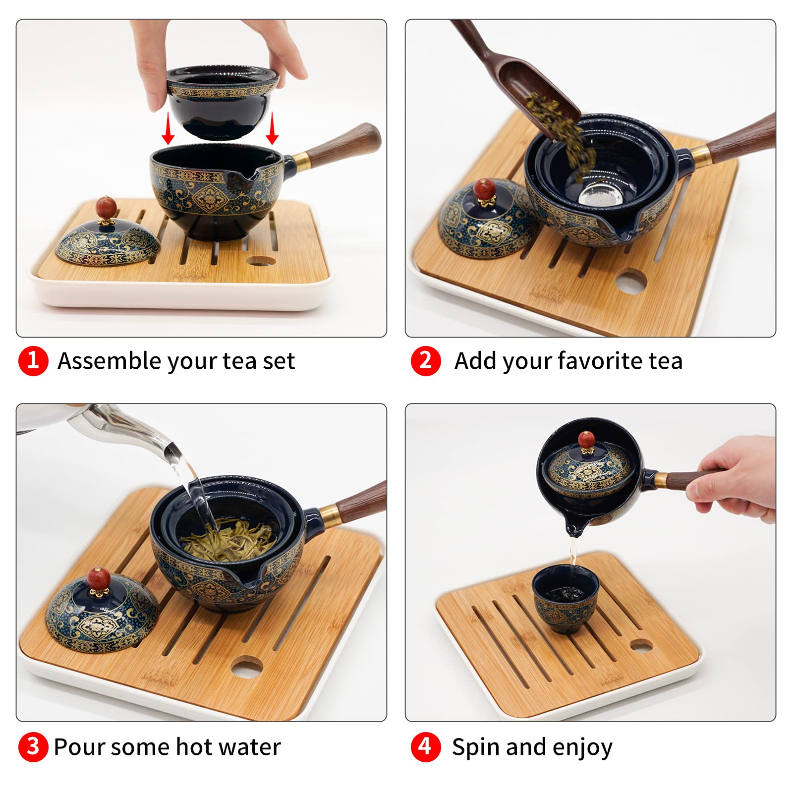 Lurrier Porcelain Chinese Gongfu Tea Set,Portable Teapot Set With 360 Rotation Tea Maker And Infuser,Portable All In One Gift Ba