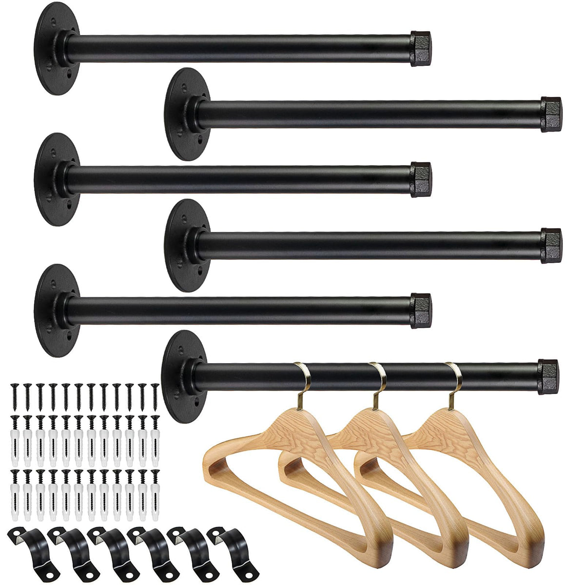 Pintuson 6 Pcs Industrial Pipe Clothes Bar 12 Inch - Wall Mount Clothing Rack - Face Out Wall Clothing Rods For Commercial Retai