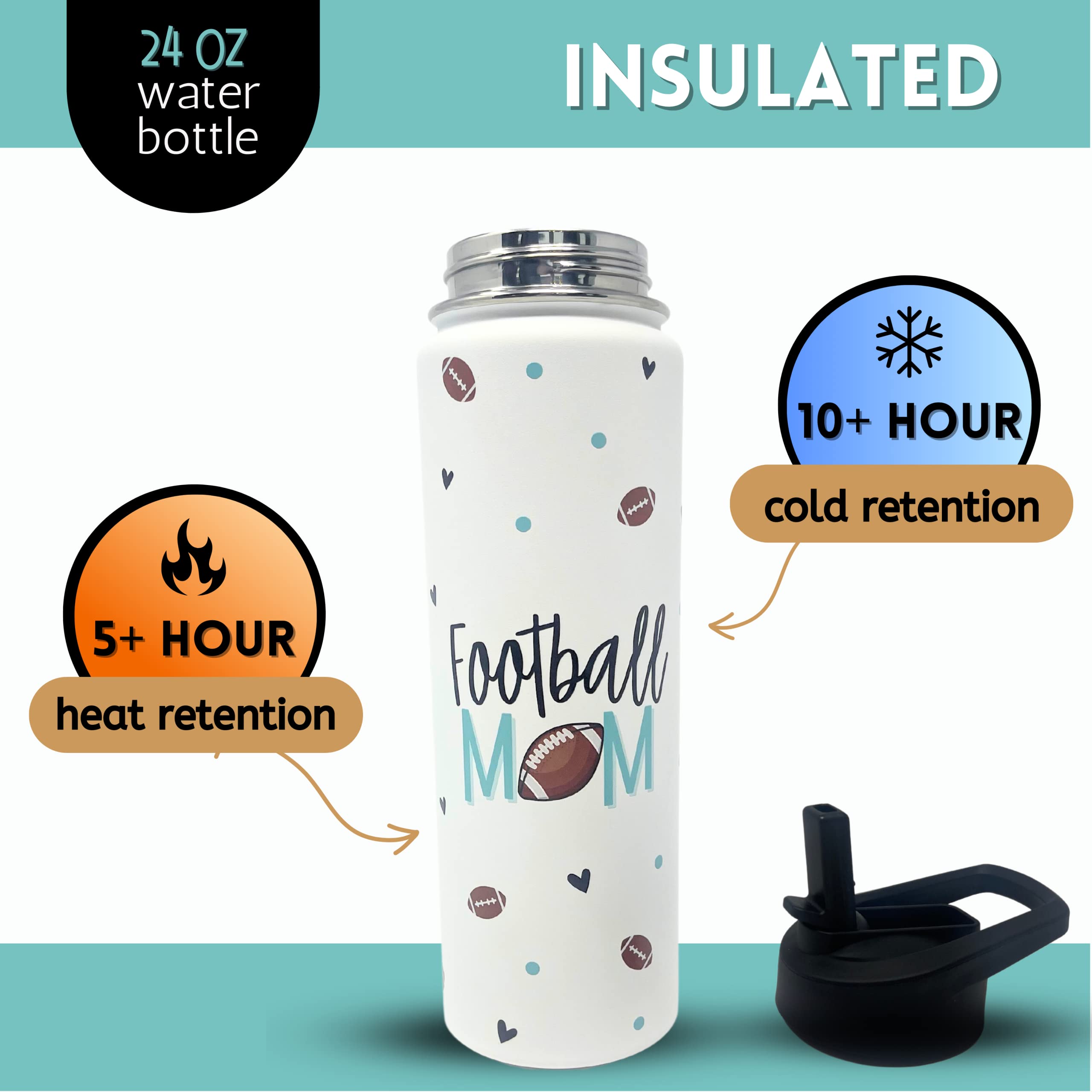 Brooke & Jess Designs Football Mom Tumbler Gifts - Large Insulated Water Bottle With Straw - Stainless Steel Metal 24 Oz Travel