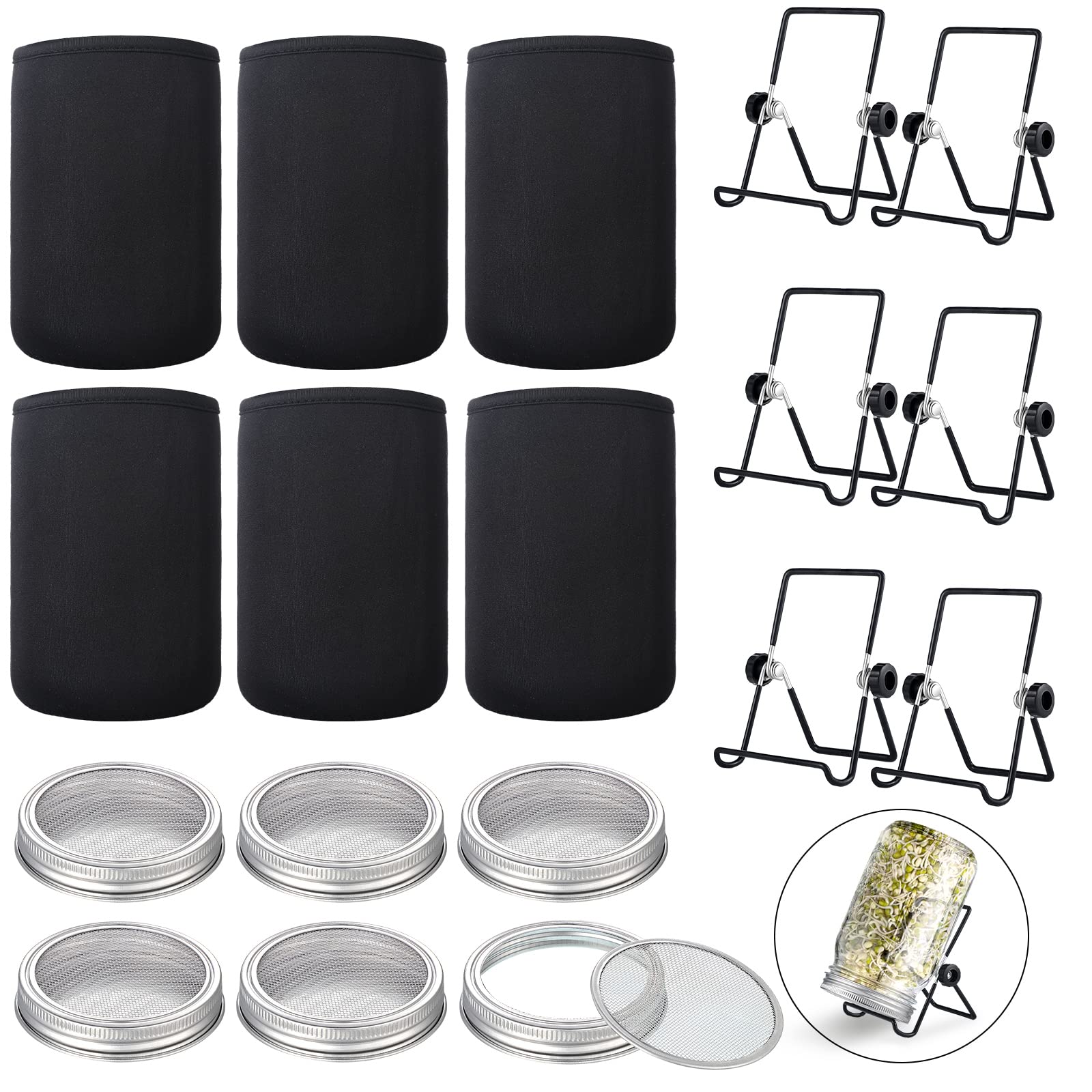 6 Pack Sprouting Lids With Stainless Steel Sprouting Jar Stands, Blackout Sleeves, Sprouting Kit For Wide Mouth Mason Jar, Organ
