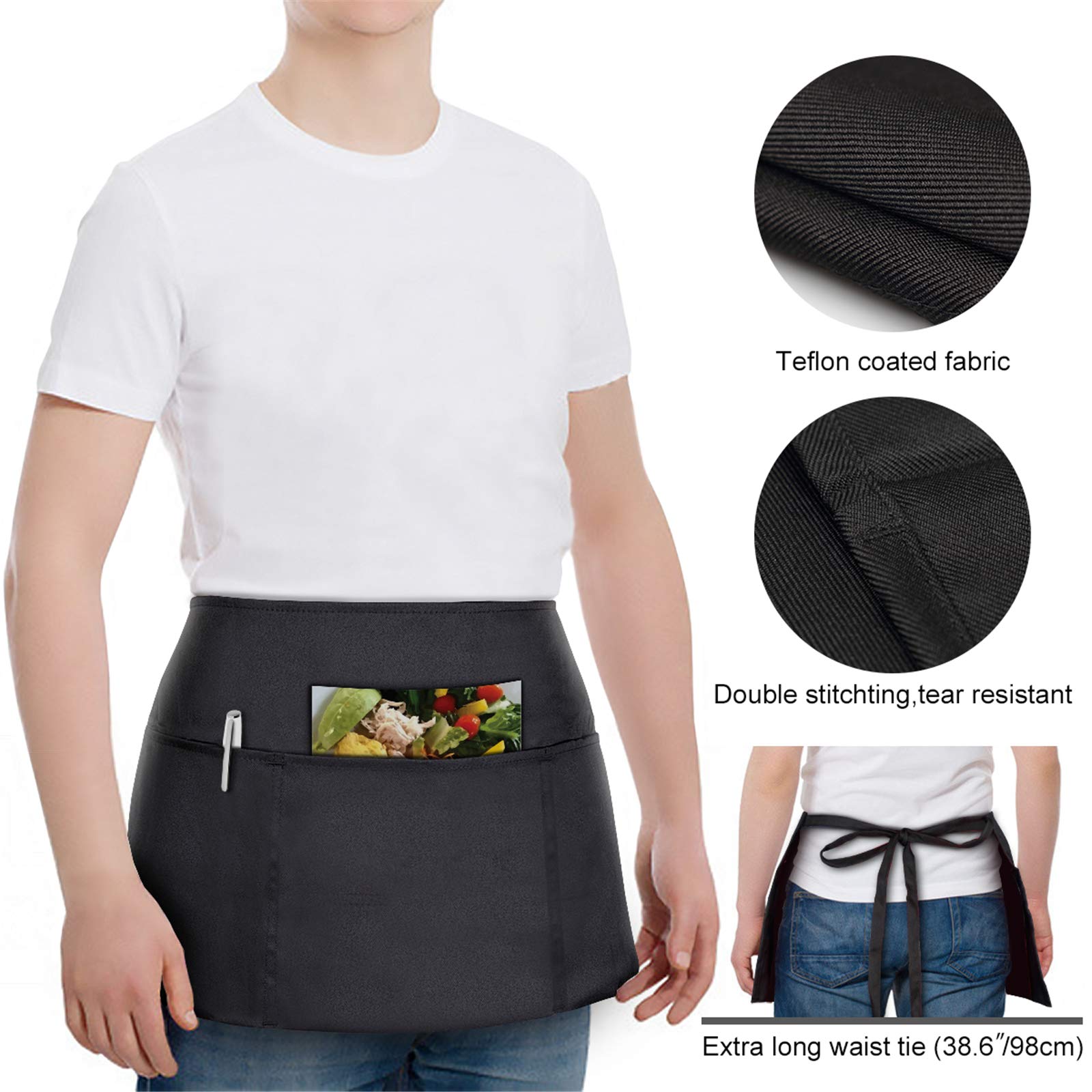 3 Pack Waist Apron - Server Aprons With 3 Pockets - Water & Oil Resistant Waitress Apron With Pockets - Black Aprons For Servers