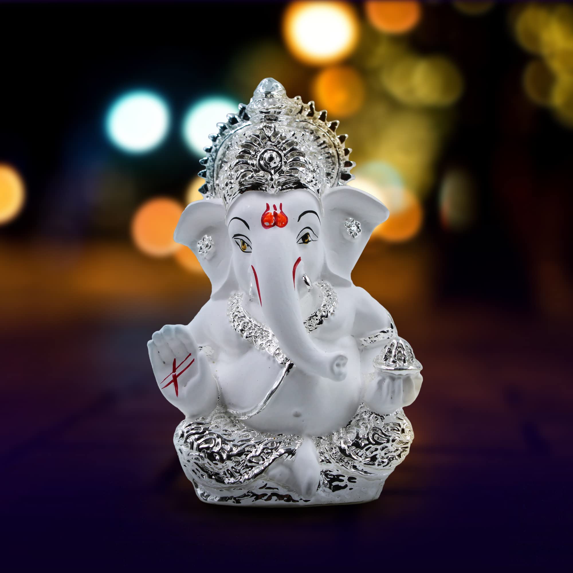 Karauli Collection Ceramic Ganesh Idol For Car Dashboard Silver Plated Ganesh Statue (Silver, 8X6Cm)