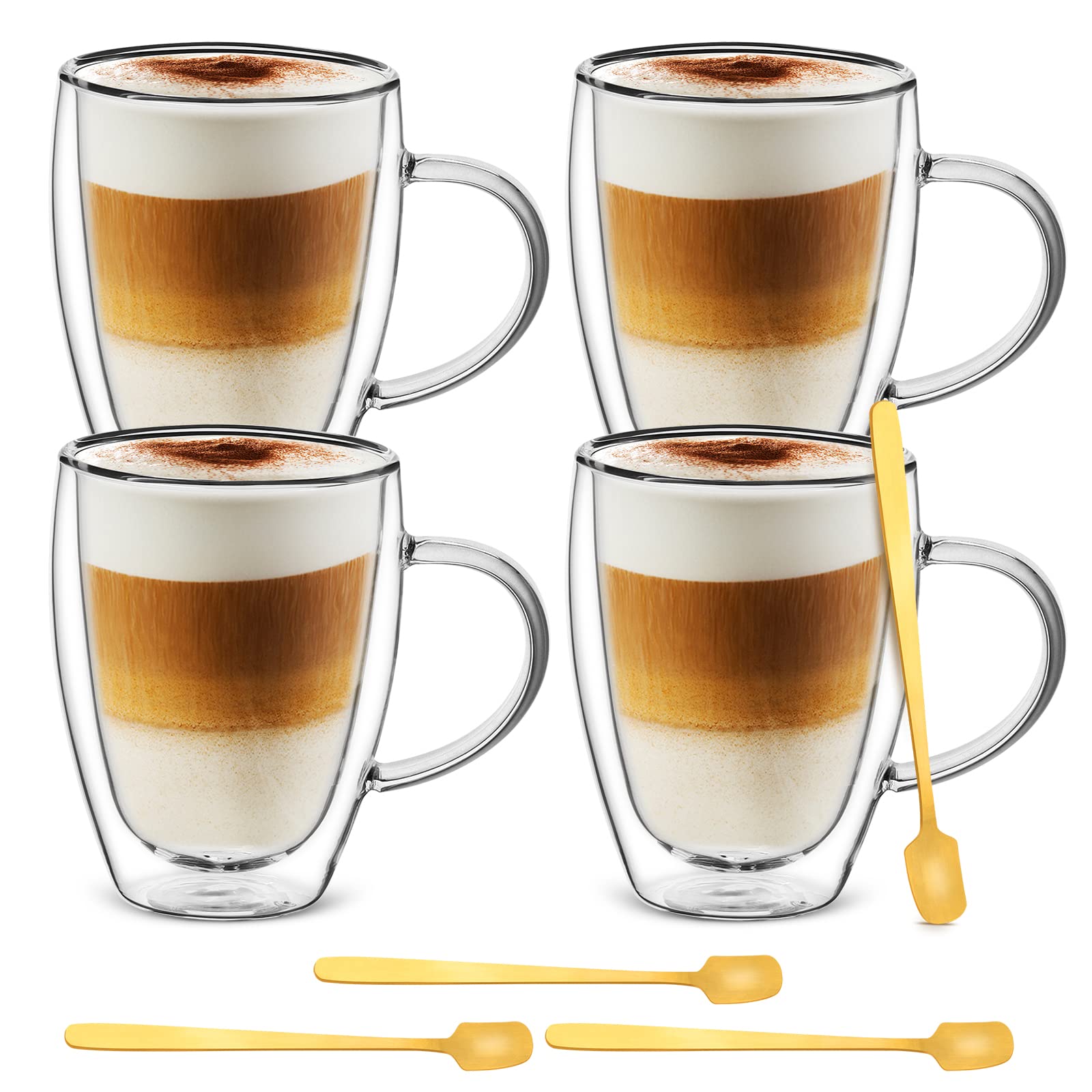 Cappuccino Glass Mugs (Set of 4) 12 Ounce Double Walled Espresso Cups with 4 Golden Spoons, Perfect for Latte, Cappuccino, Tea, 