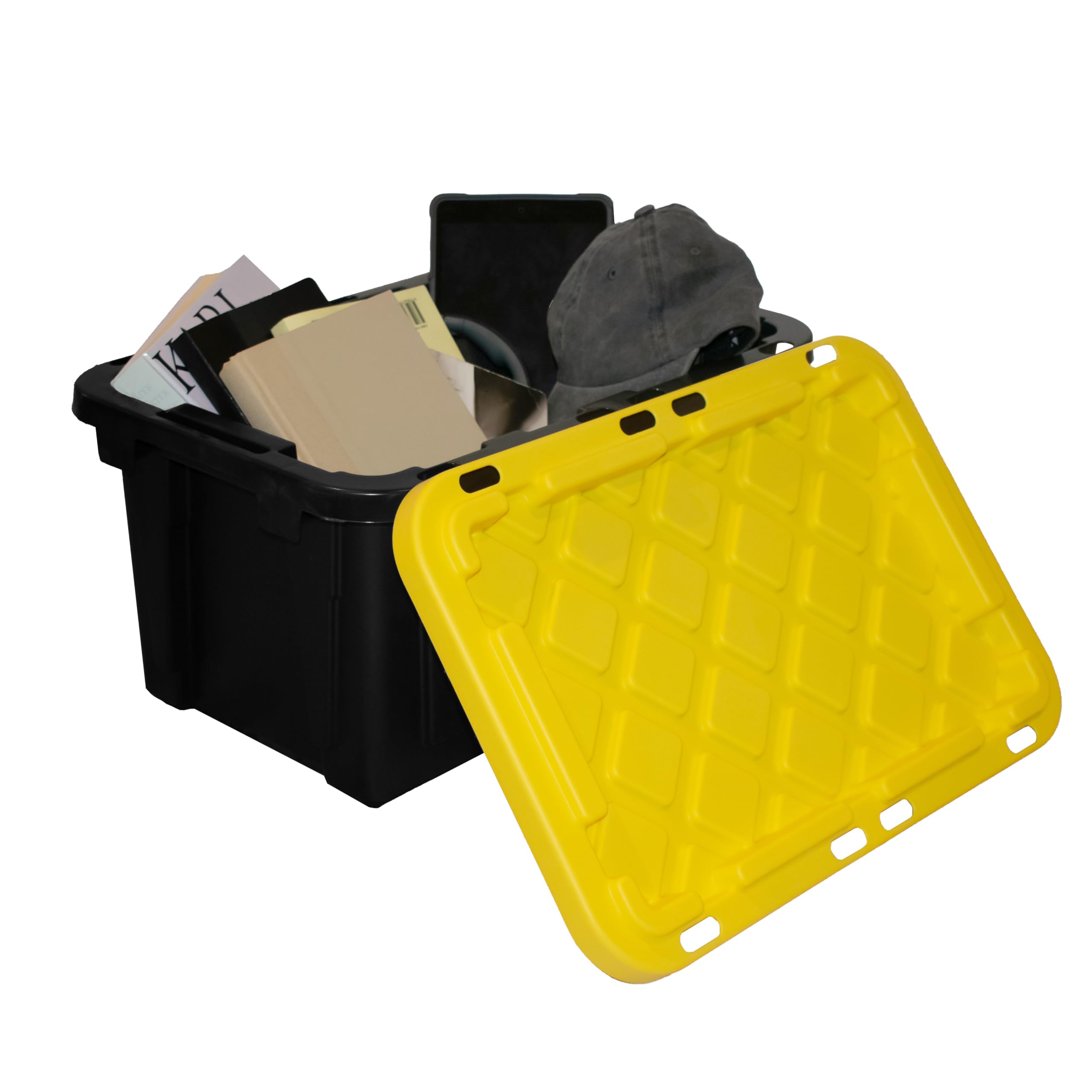 HDX 27 Gallon Strong Box Plastic Storage Tote, Black Base & Yellow Top, Model ST29201517