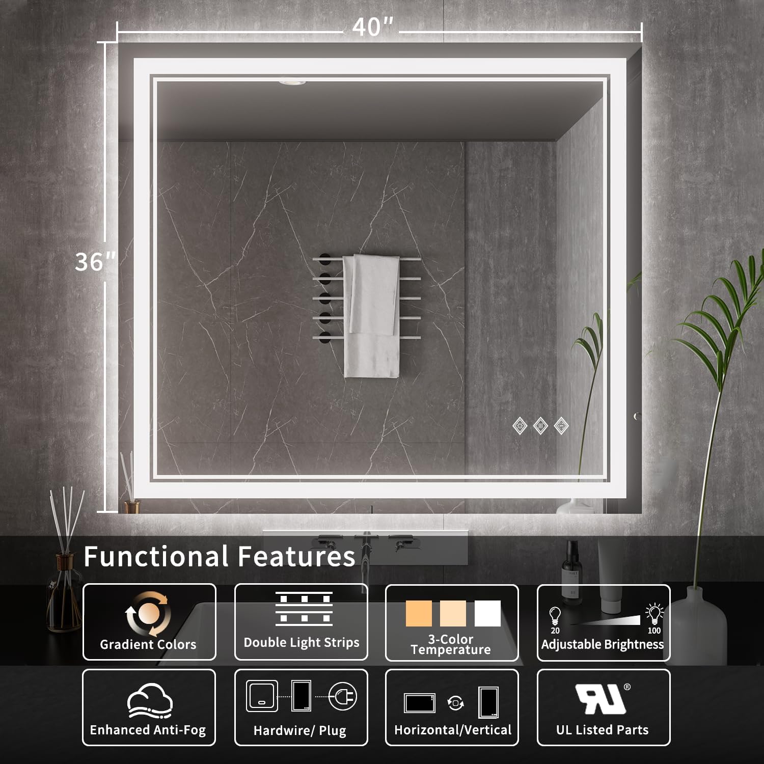 Vanpokins Bathroom Mirrors For Wall, 40X36 Inch Gradient Front And Backlight Lighted Mirror, 3 Colors Dimmable Cri>90 Double Lig