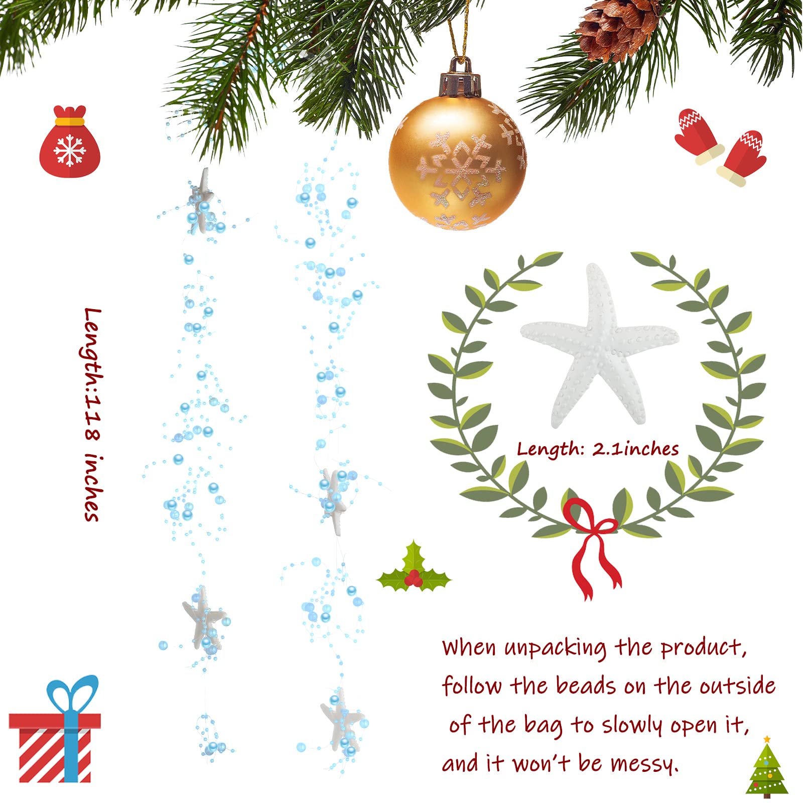 Christmas Beaded Starfish Garland Beaded Garland with Starfish Coastal Beach Decor for Christmas Tree Beach Home Decoration Supp