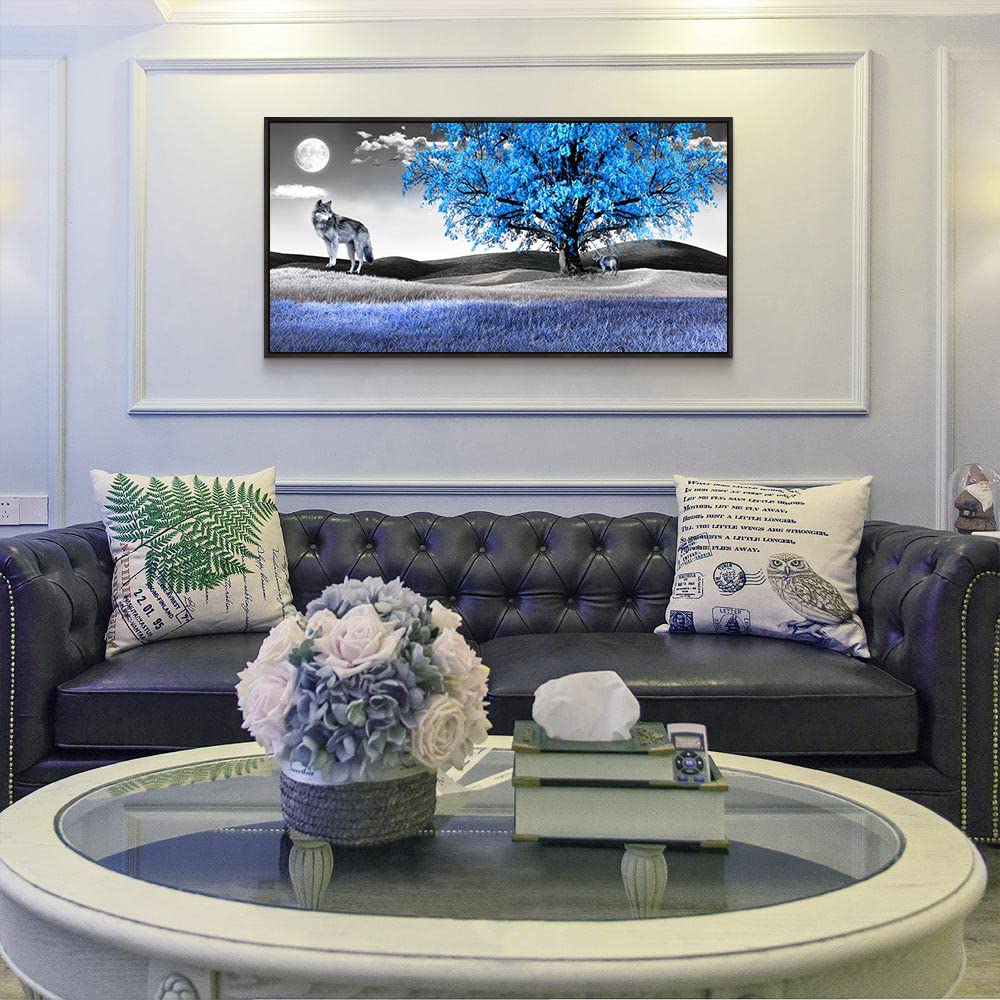 Frame Canvas Wall Art For Living Room Family Wall Decorations For Bedroom Modern Office Wall Decor Paintings Blue Tree Landscape Pictures Artwork Canvas Art Prints Home Decor Black Framed 24'' X 48''