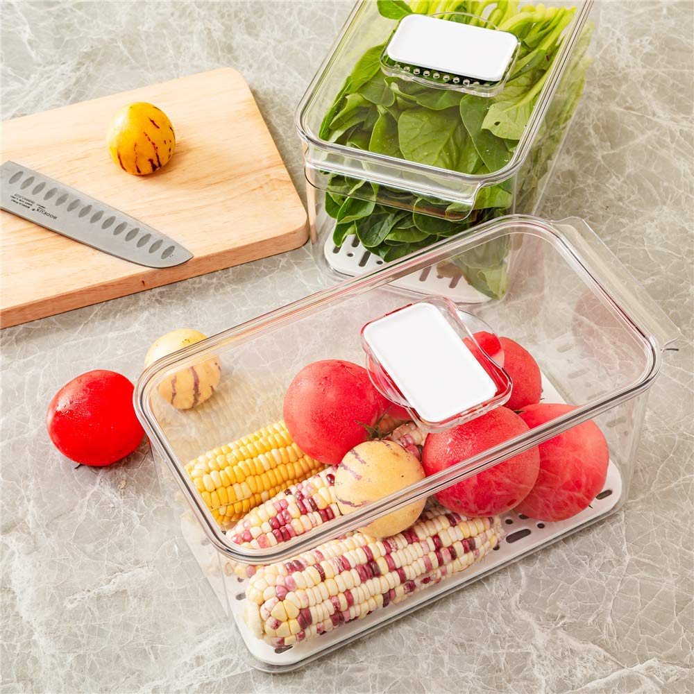 Slideep Refrigerator Food Storage Containers, Lettuce Keeper Large Produce Saver Stackable Container With Lids & Removable Drain