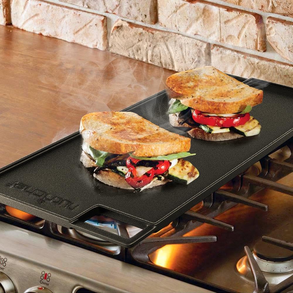 NutriChef 18" Cast Iron Reversible Grill Plate - Flat & Ridged Skillet for Gas, Electric & Ceramic Stovetops, Black, Model NCCIRG59