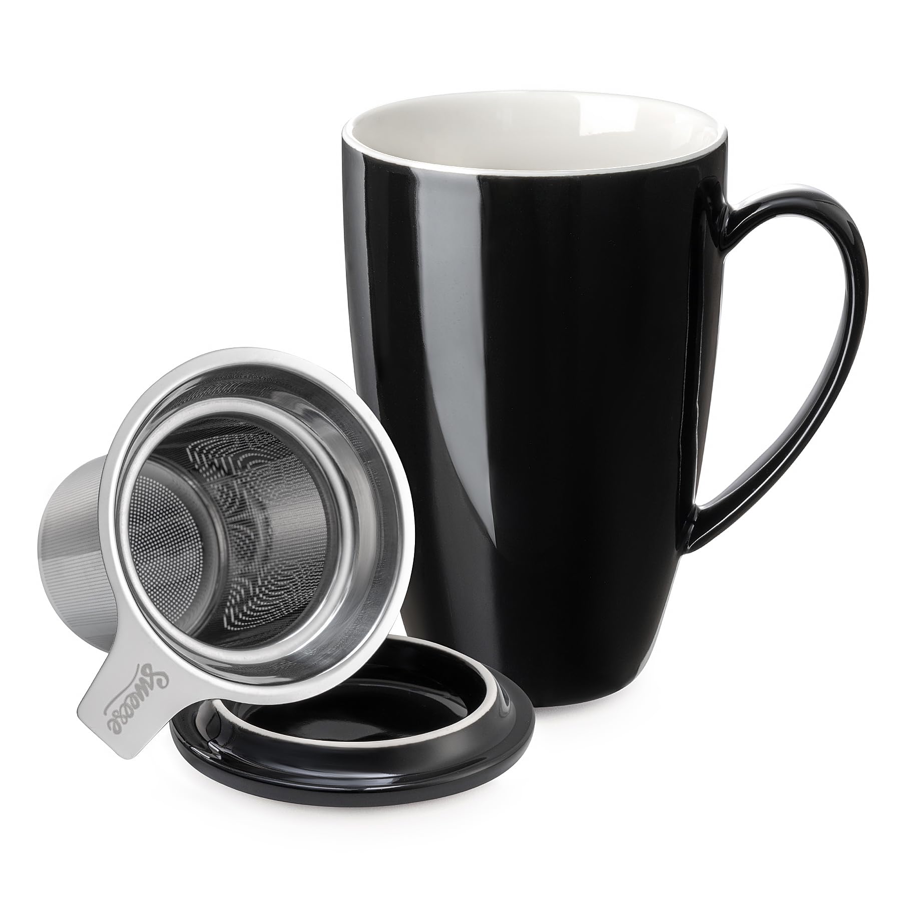 Sweese 15 OZ Porcelain Tea Mug with Infuser and Lid, Loose Leaf Tea Cup, Gifts for Tea Lover, Black