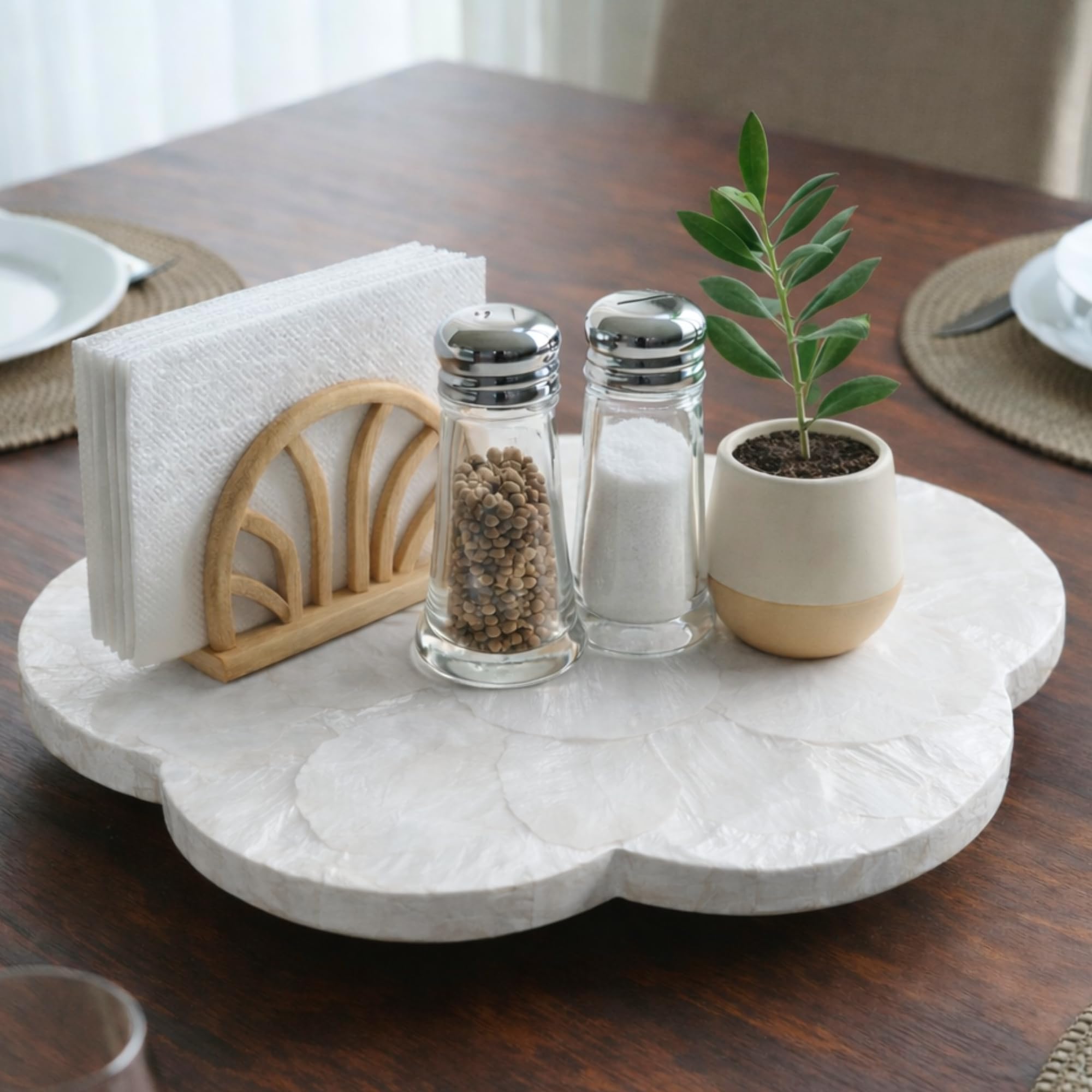 CHI AN HOME 12.6 Flower Shaped Capiz Shell White Lazy Susan for Table Top