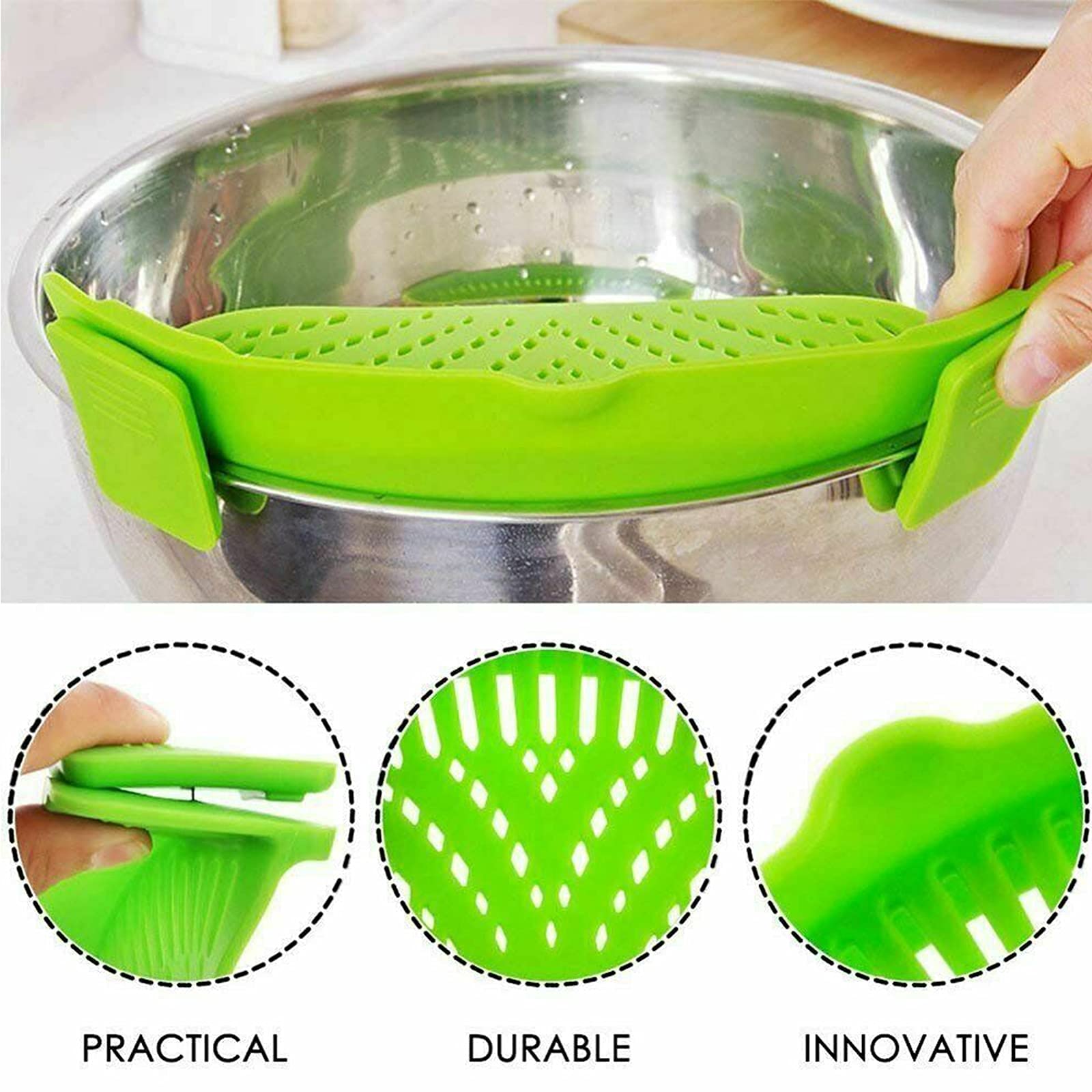 2 Pcs Clip On Strainer, Pot Strainer For Pasta Meat Vegetables Fruit, Silicone Strainer - Fit All Pots Bowls.