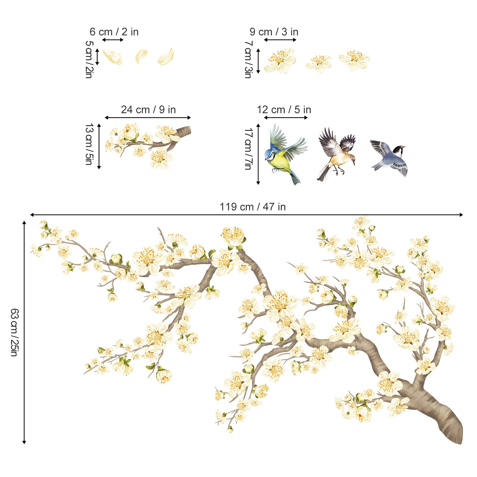 decalmile Flower Branch Wall Stickers Yellow Blossom Pear Flower Birds Wall Decals Kids Bedroom Living Room Window Wall Decor