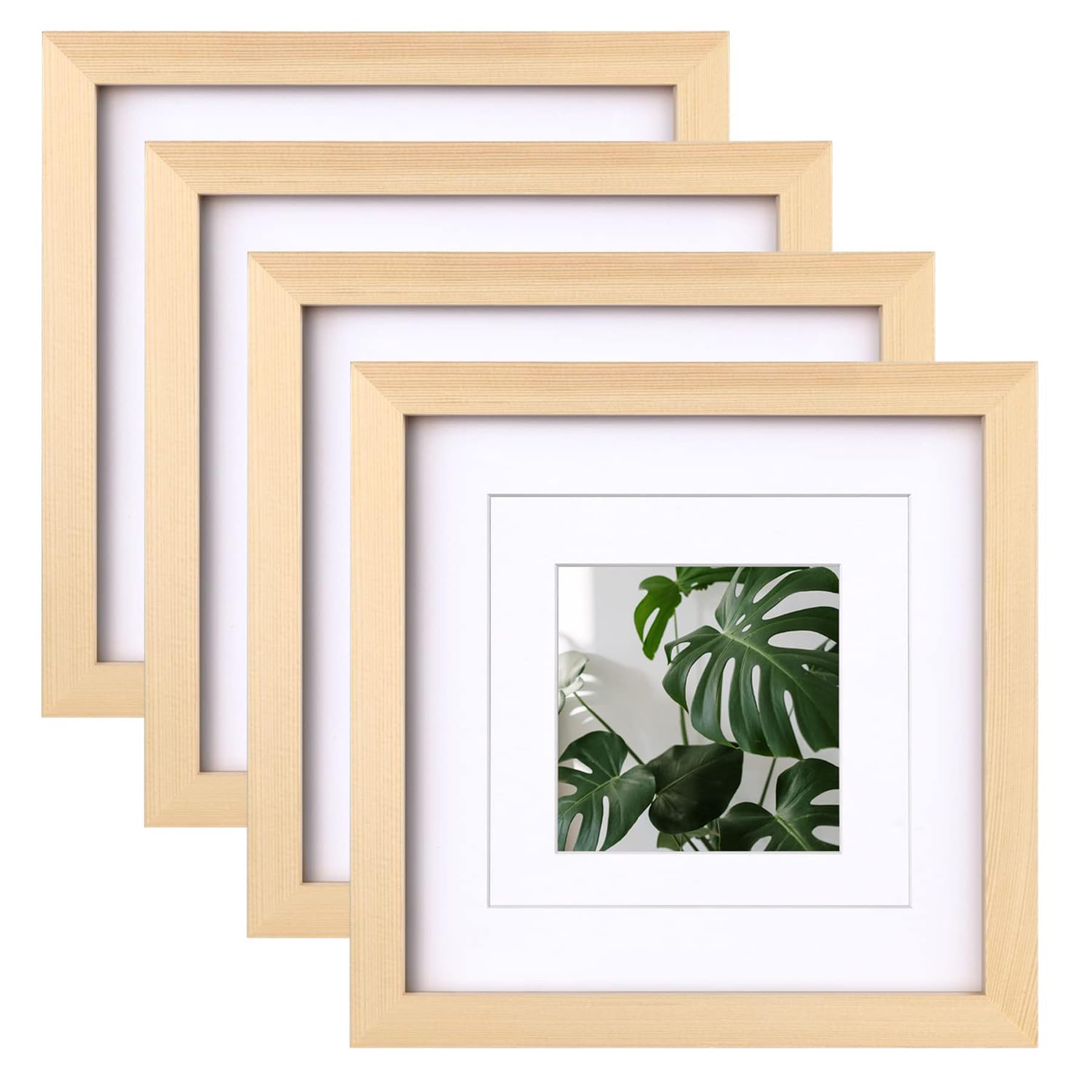 Egofine 8x8 Picture Frames Natural Wood Frames with Plexiglass, Display Pictures 4x4/6x6 with Mat or 8x8 Without Mat Set of 4 fo