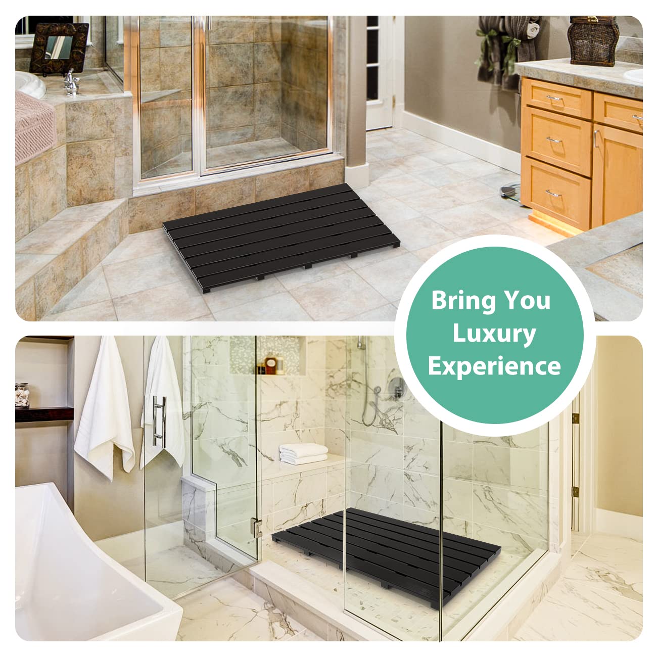 Bamboo Wooden Bath Floor Mat for Luxury Shower - Non-Slip Bathroom Waterproof Carpet for Indoor or Outdoor Use (Black 31.3 x 18.1 x 1.5 Inches)