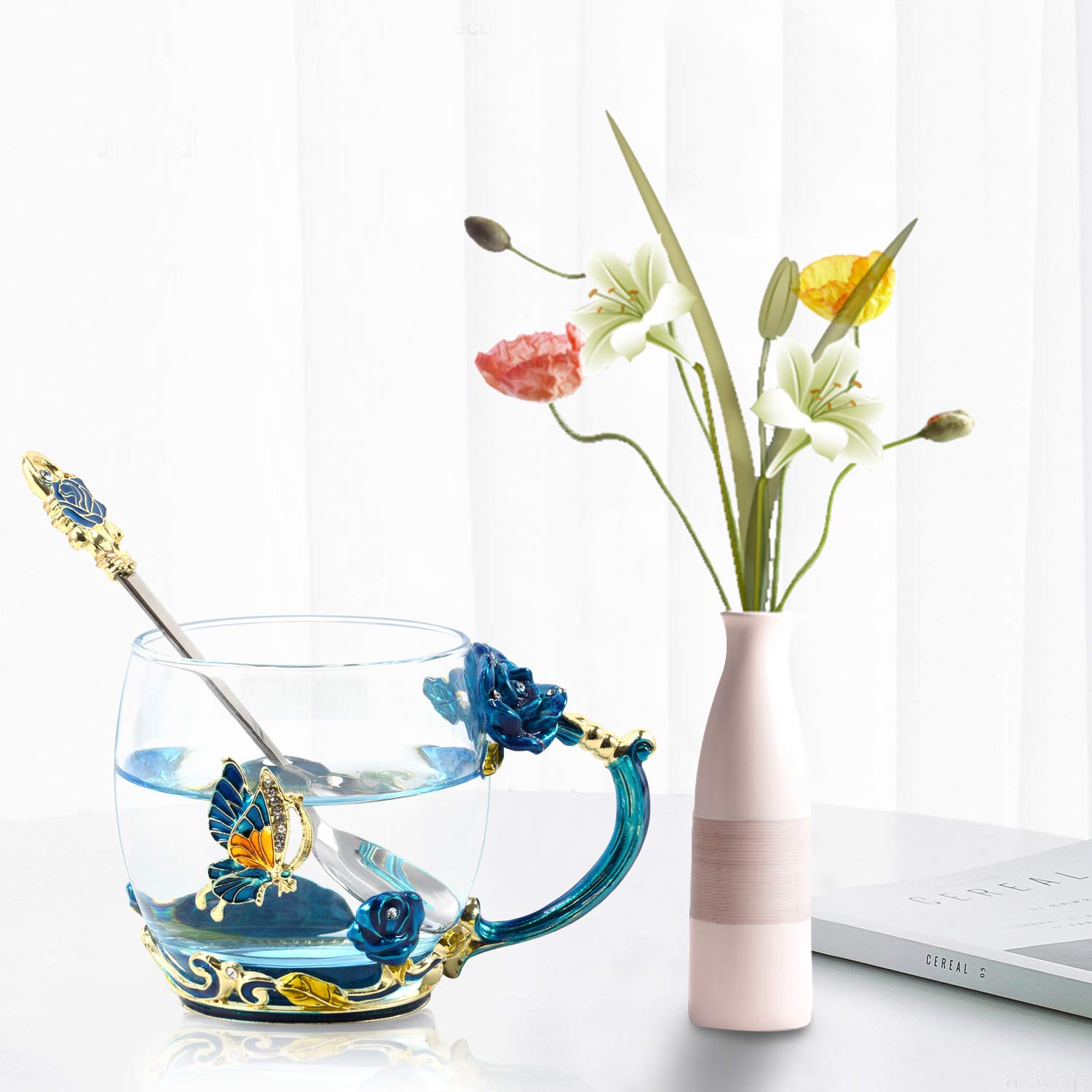 Wobox Tea Mug, Coffee Cup With Spoon Set Clear Glass Handmade Enamel Butterfly Flower,Mother'S Day,Birthday,Christmas Gift(11 Oz