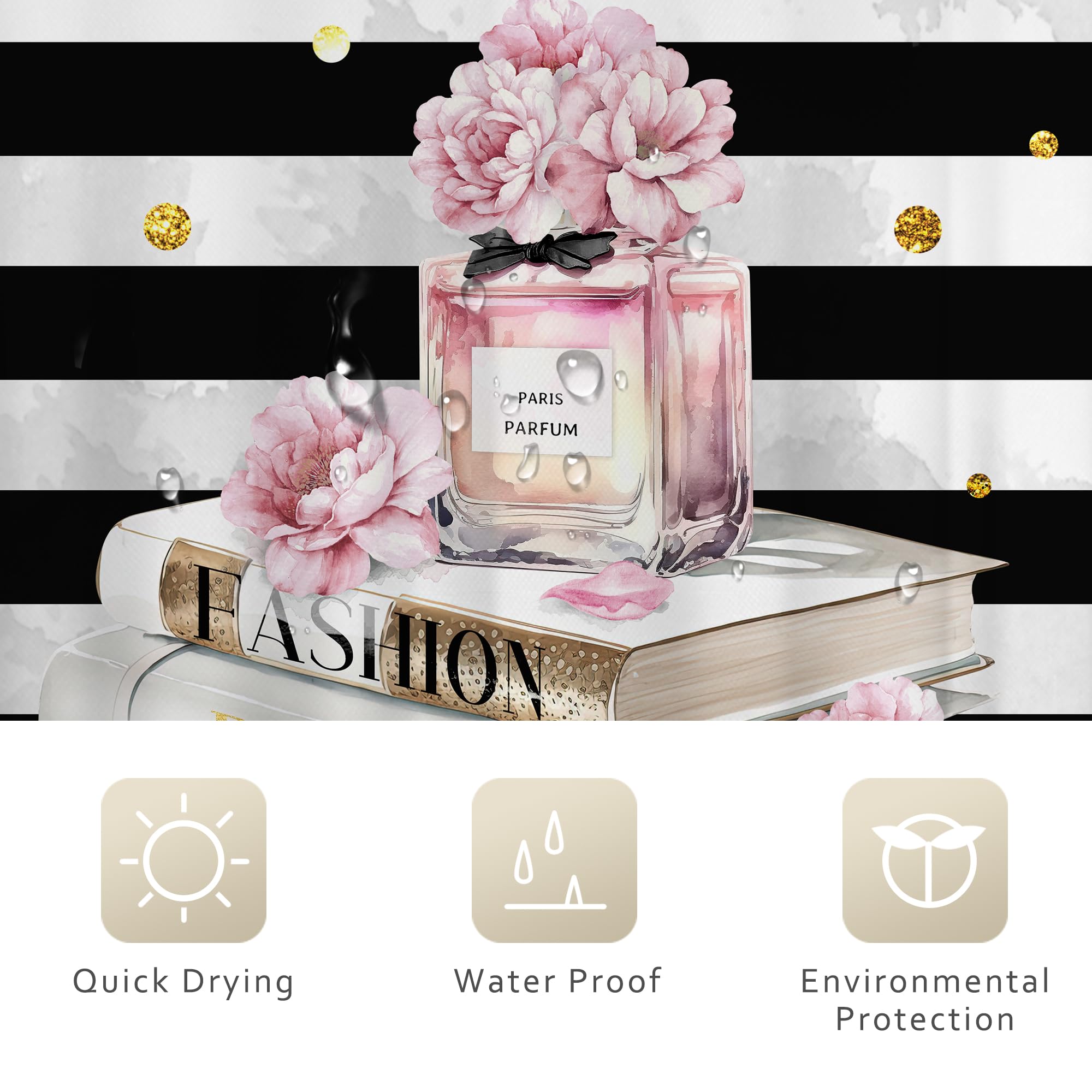 Riyidecor Small Stall Fashion Women Shower Curtain 36Wx72H Inch Black White Striped Pink Modern Magazine Book Perfume Flower Girl Positive Quote Bathroom Decor Fabric Polyester Waterproof 7 Pack Hooks
