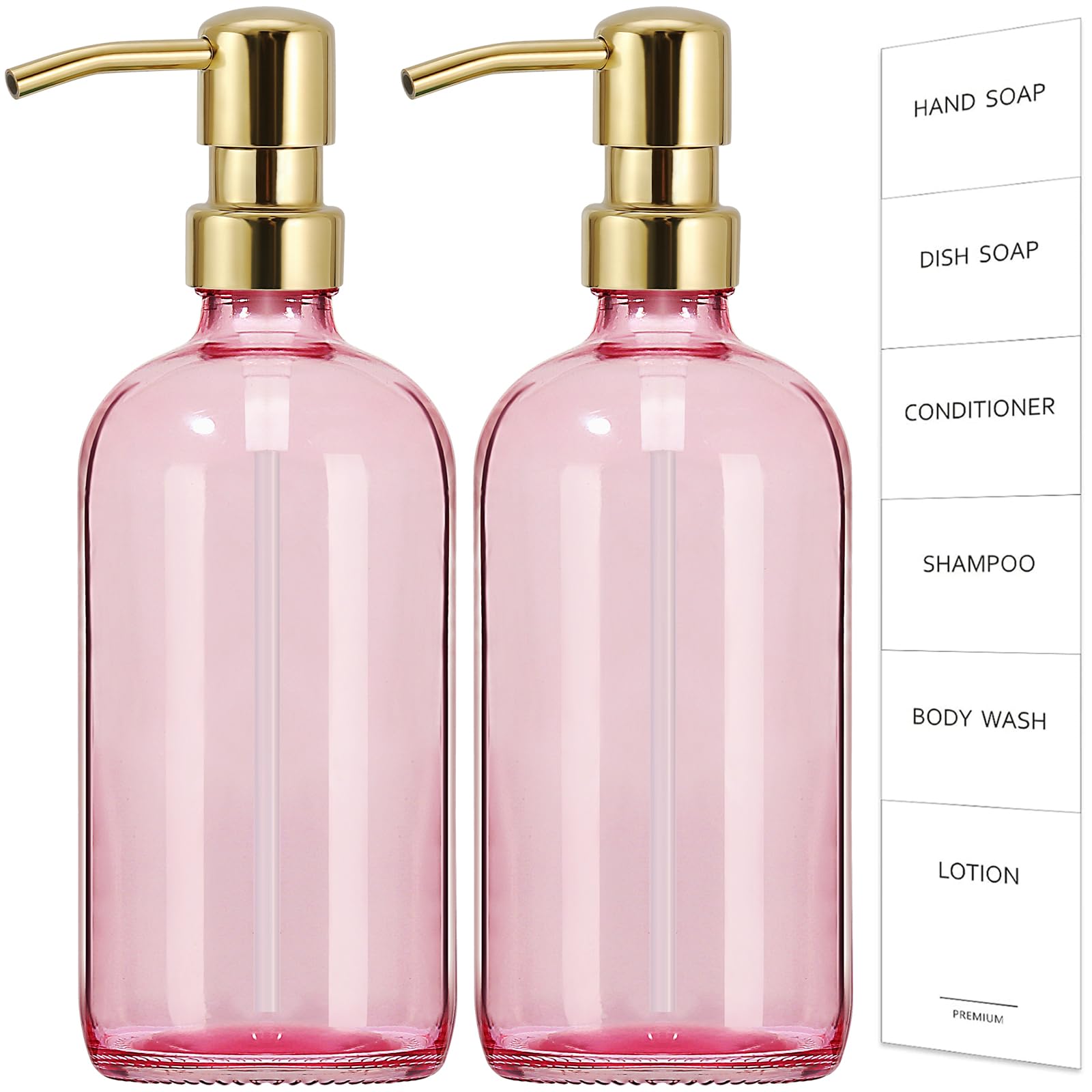Gmisun Pink Soap Dispenser Bathroom, 2 Pack Kitchen Hand And Dish Soap Dispenser Set, 16 Oz Pink Glass Soap Dispenser With Gold