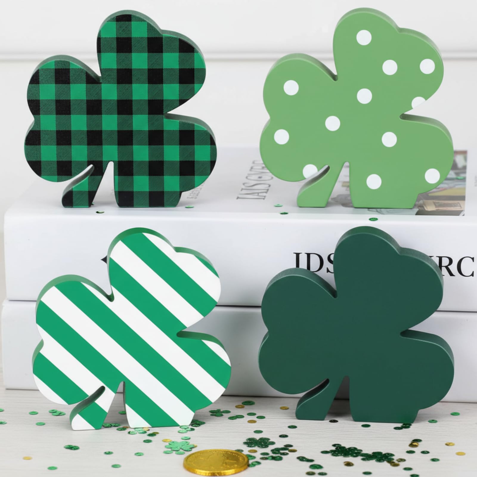 Jetec 4 Pcs St Patricks Day Wooden Shamrock Decoration St. Patricks Day Tiered Tray Decor Green Clover Saint Patrick Days Table