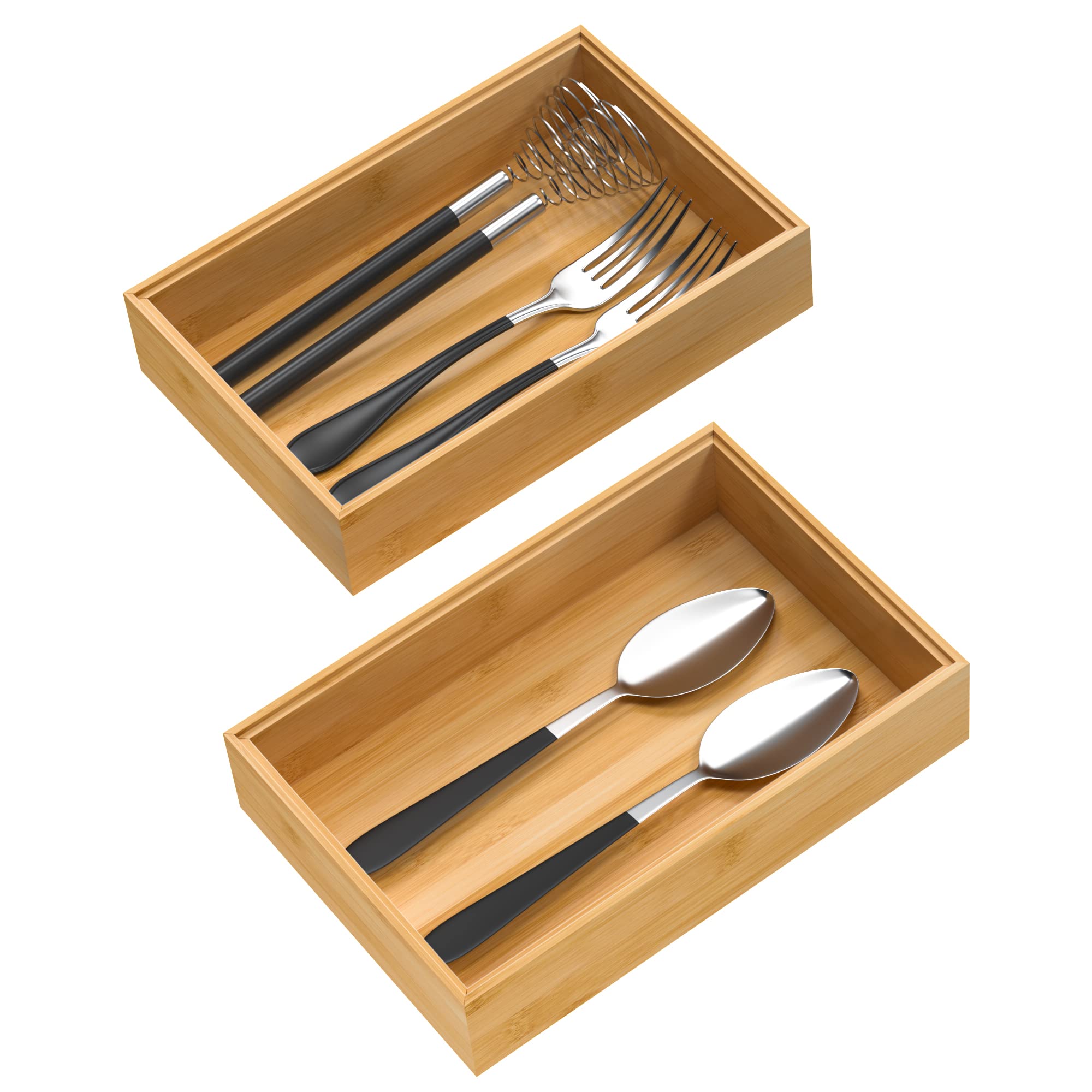 VeyFey Silverware Tray for Drawer, Stackable Kitchen Bamboo Drawer Organizer 9 x 6 x 2 Set of 2