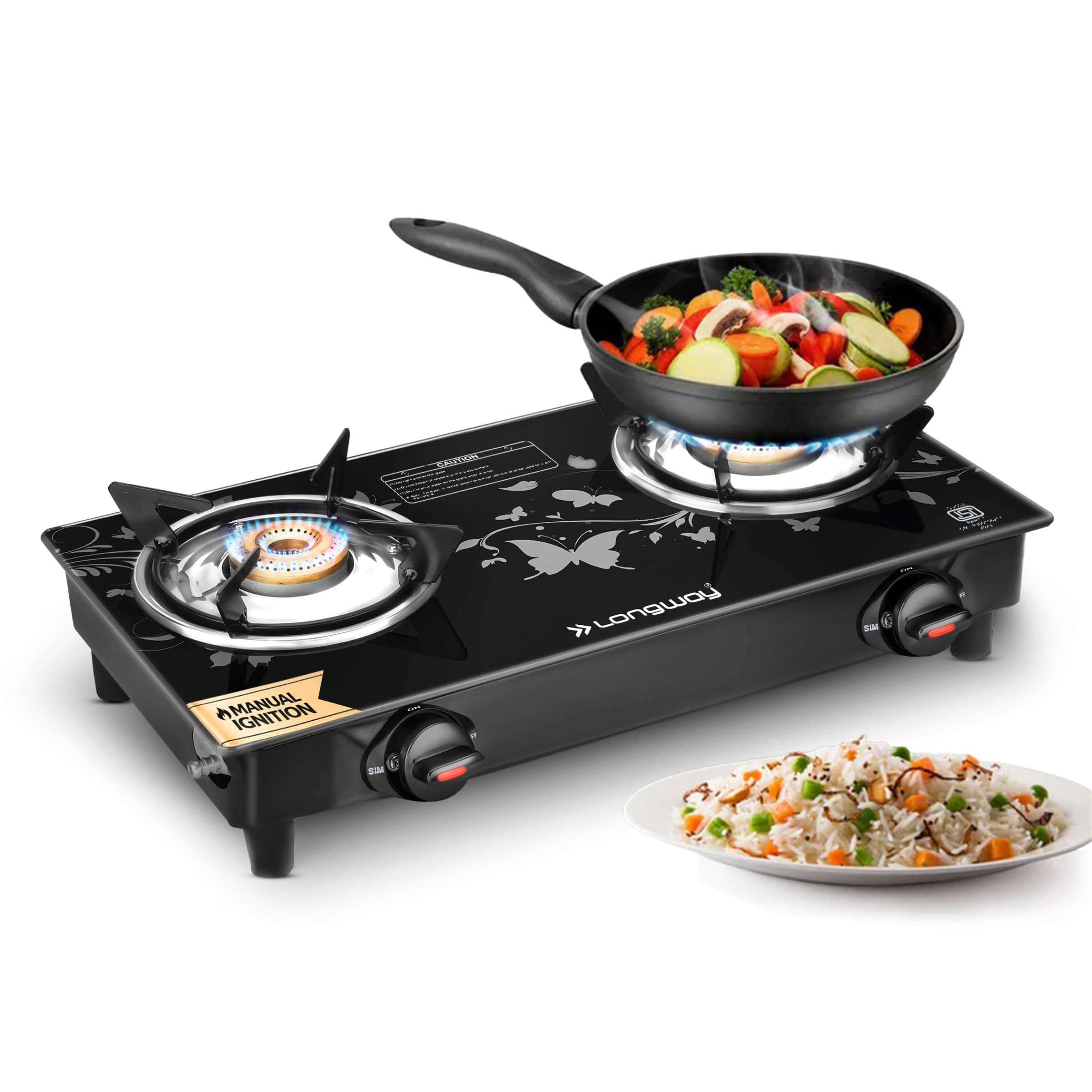 Longway Astra Glass Top, 2 Burner Auto Ignition Glass Gas Stove (Black, Isi Certified, 2 Year Warranty)
