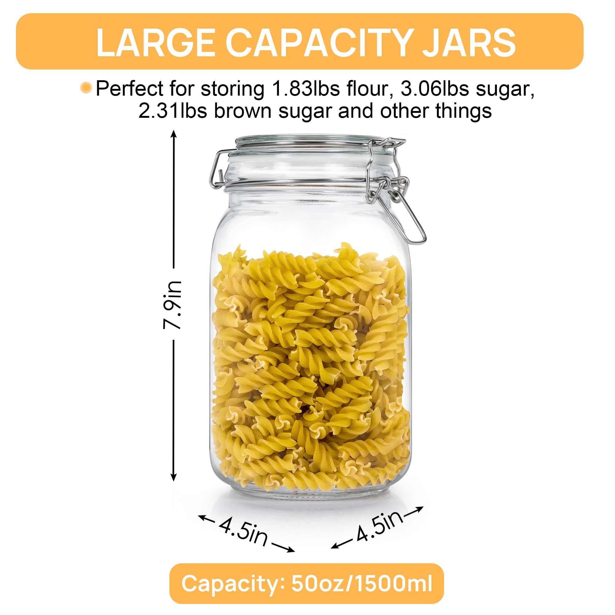 Chefstory 50Oz Airtight Glass Jars With Lids, 3 Pcs Food Storage Canister For Kitchen & Pantry Organization, Square Mason Jar Co