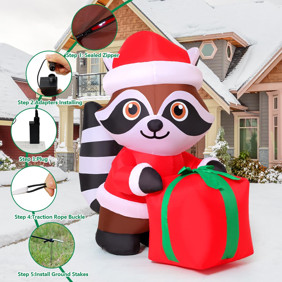 COMIN 5.2 FT Inflatable Raccoon with Gift Package - Outdoor Christmas Decoration, Polyester, CO-27672, Built-in LEDs for Yard Decor