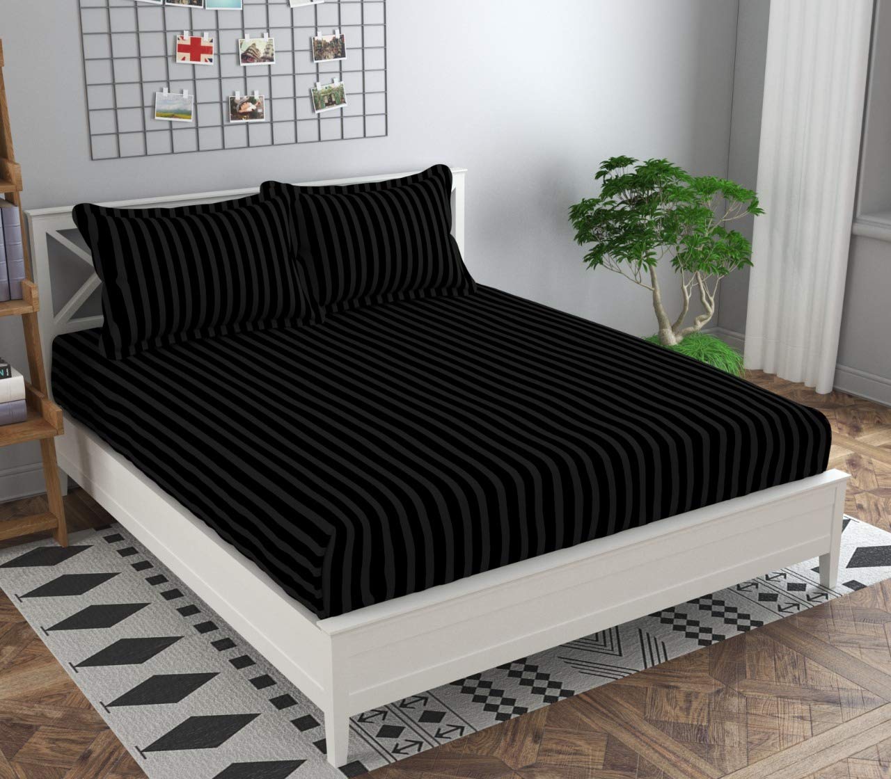Fablicious Glace Cotton Plain Satin Stripe Elastic Fitted King Size Bedsheet with 2 Pillow Covers for 72x72x6 Inch Mattress (Bla