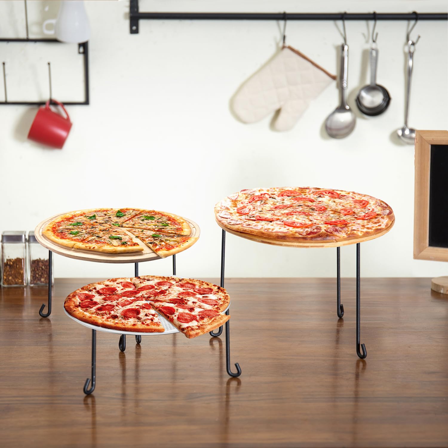 MyGift Black Metal Wire Pizza Pan Holder  Round Pizza Tray Riser Rack  Tabletop Serving Stands for Trays and Platters  Set of 3
