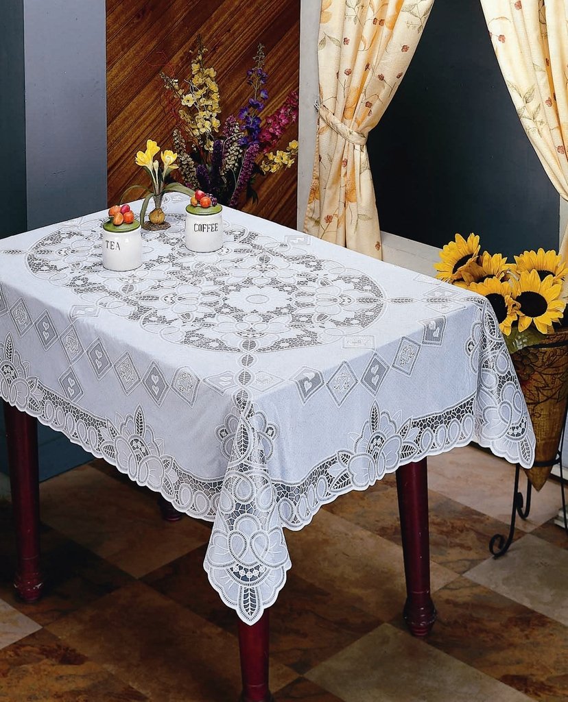 Violet Linen Vinyl Lace Betenburg Design Tablecloth White 60'' By 90'' Oblong/Rectangle