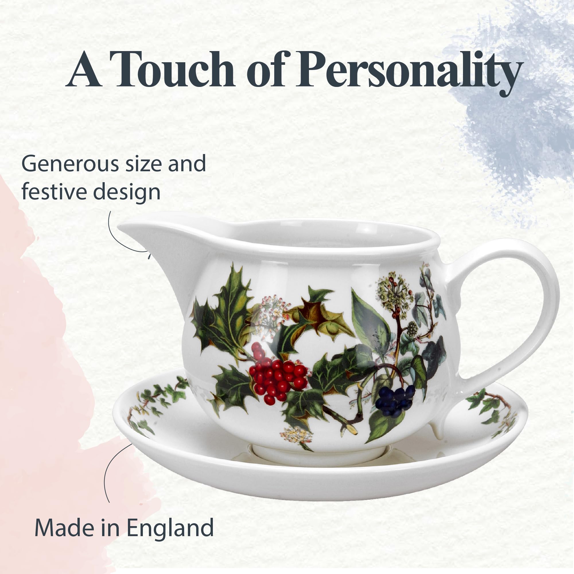 Portmeirion Holly And Ivy Gravy Boat And Stand - 1 L Capacity | Elegant Earthenware Holiday Pitcher With Holly D  Cor | Easy Pou