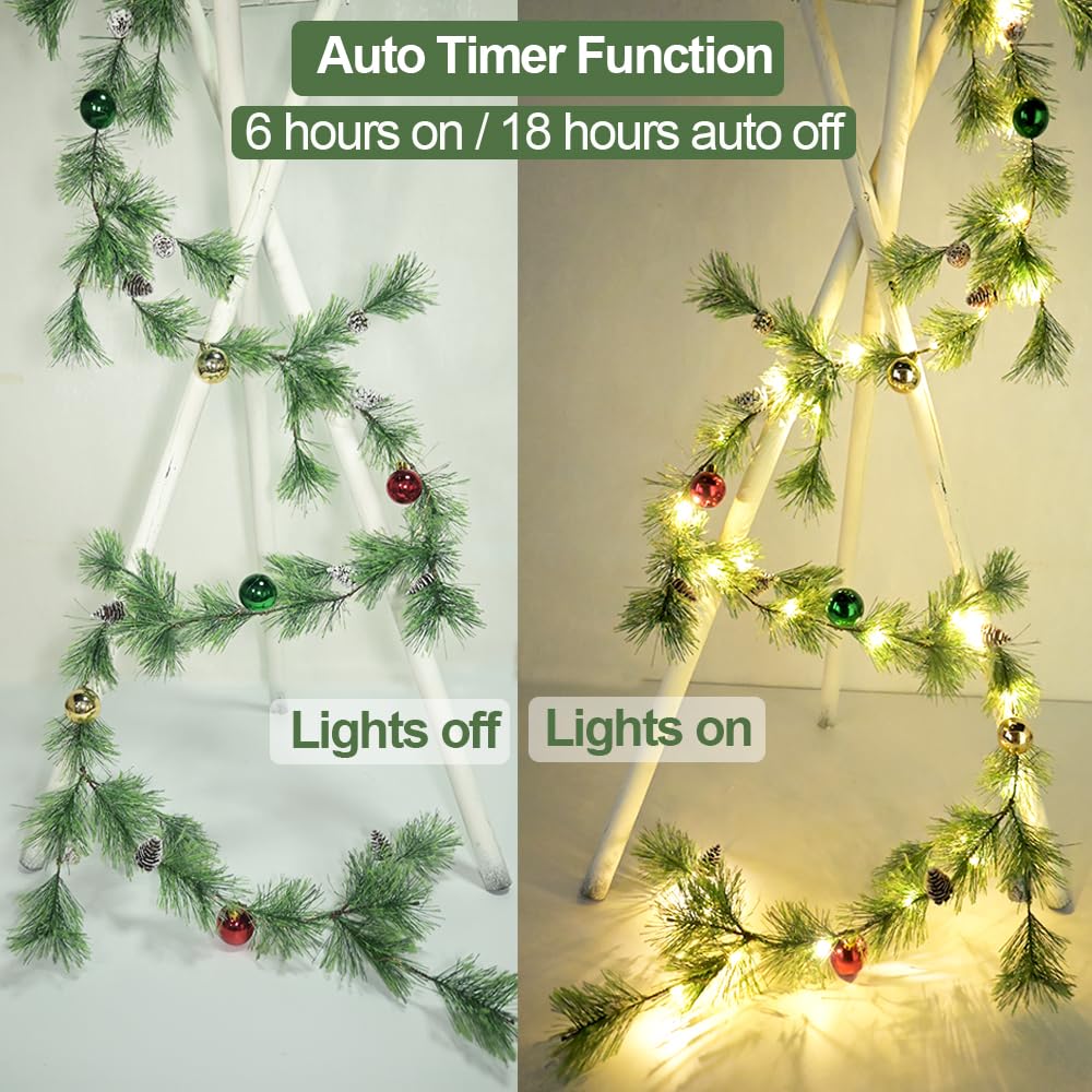 Christmas Garland Lights with Christmas Balls 6.56FT 30 LED Fairy Lights Battery Operated Smokey Pine Garlands with Pine Cones G