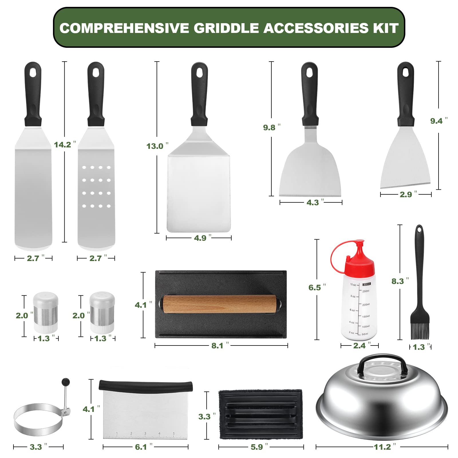 18PCS Griddle Accessories Kit  Flat Top Grill Accessories Set for Blackstone and Camp Chef  Grill Spatula Set with Enlarged Spatulas  Basting Cover  Scraper for Outdoor BBQ