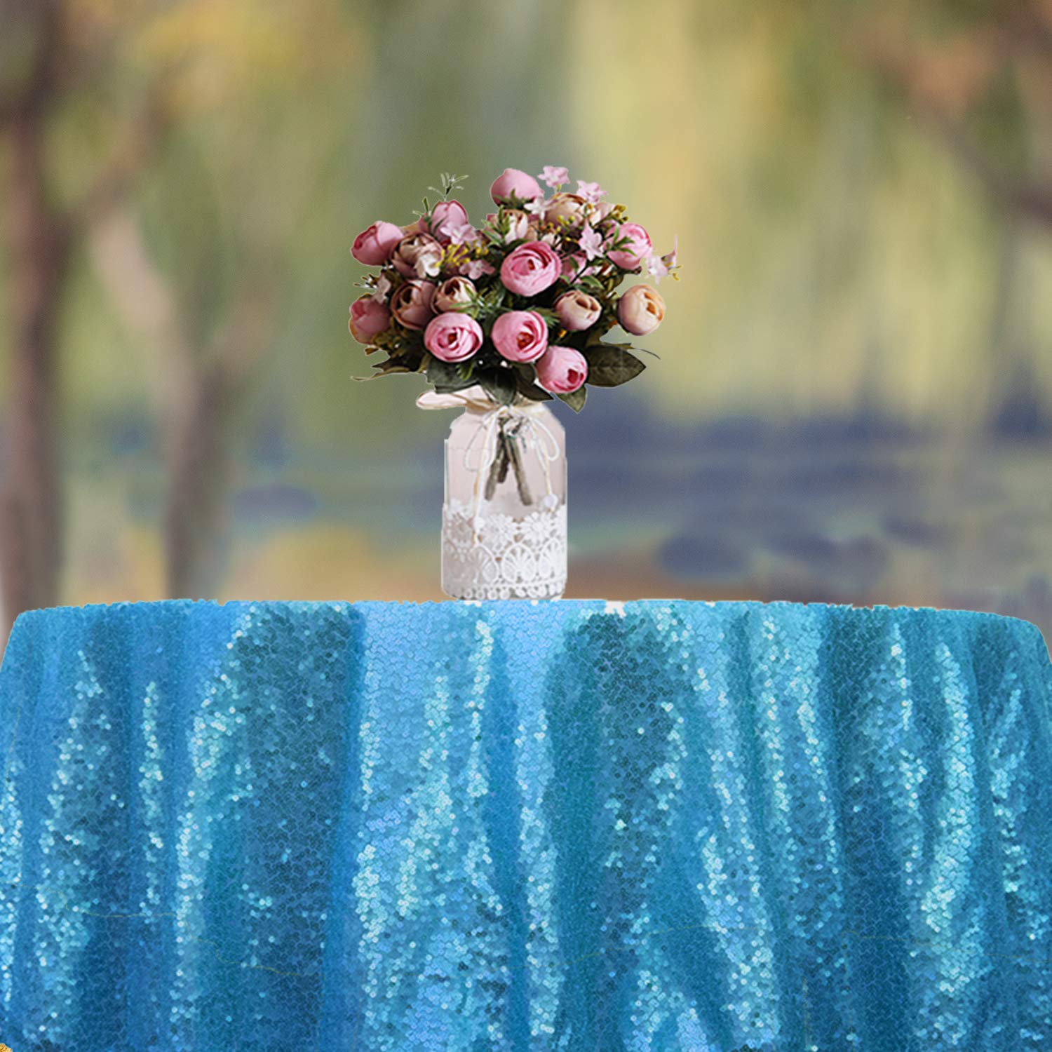 Jyflzq Baby Blue Sequin Tablecloth 50 Round Sparkly Drape Table Cloths Table Cover Overlay For Wedding Birthday Party Baby Brida
