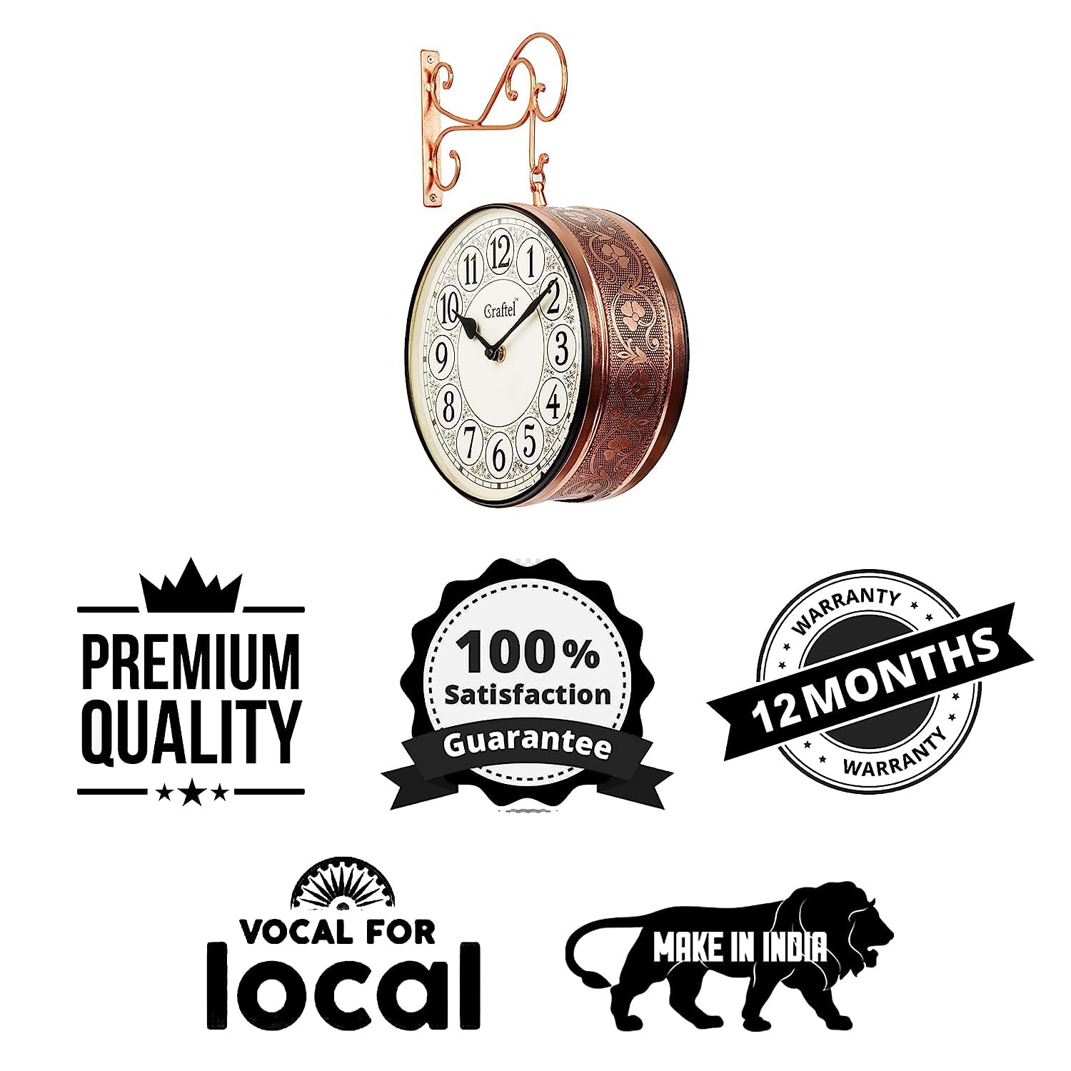 CRAFTEL Metal Analog Railway Station Clock Double Sided Vintage Wall Clock for Living Room Home and Office (Rose Gold_10 Inches)