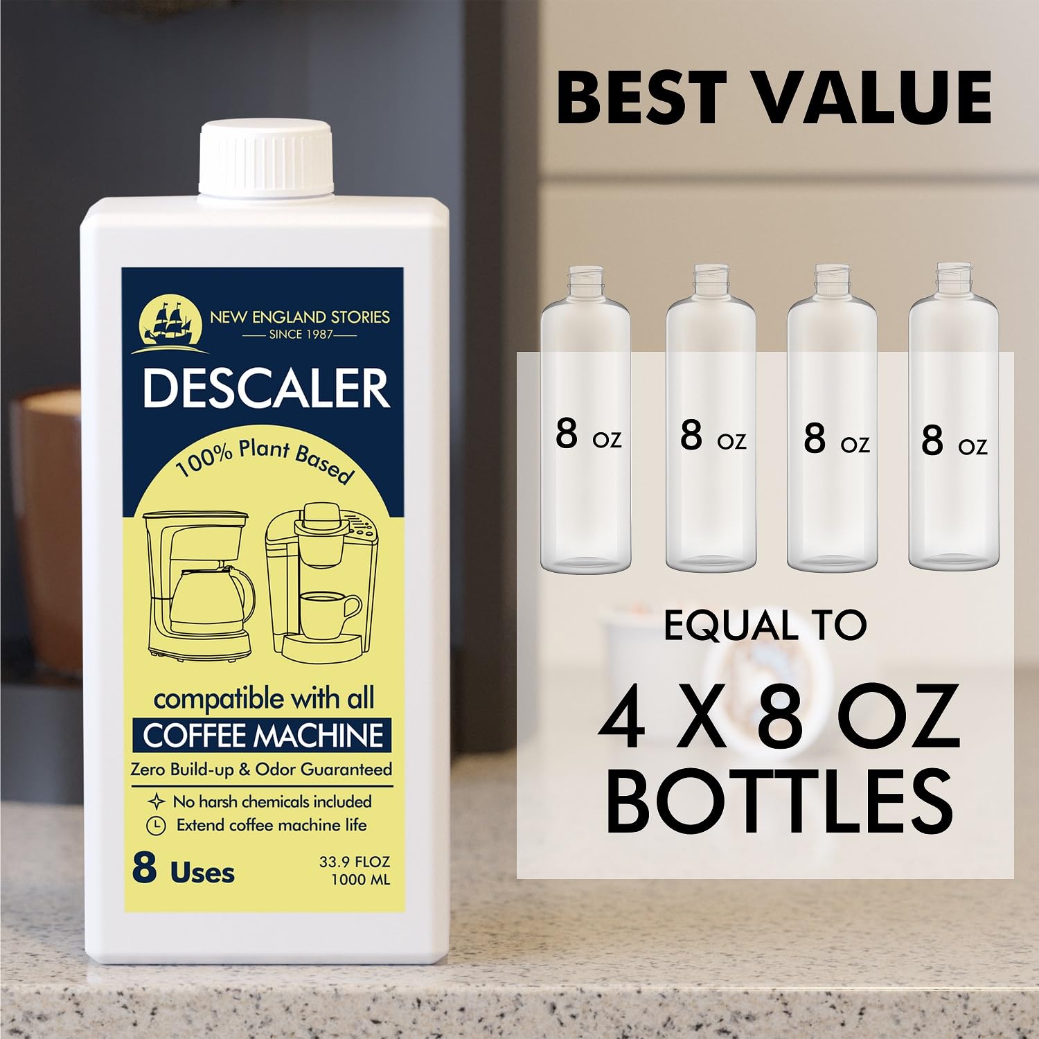 8 Uses Descaling Solution Compatible With Keurig, Nespresso, Breville, Delonghi, Jura, Ninja - 33.8Oz Coffee Machine Descaler, E