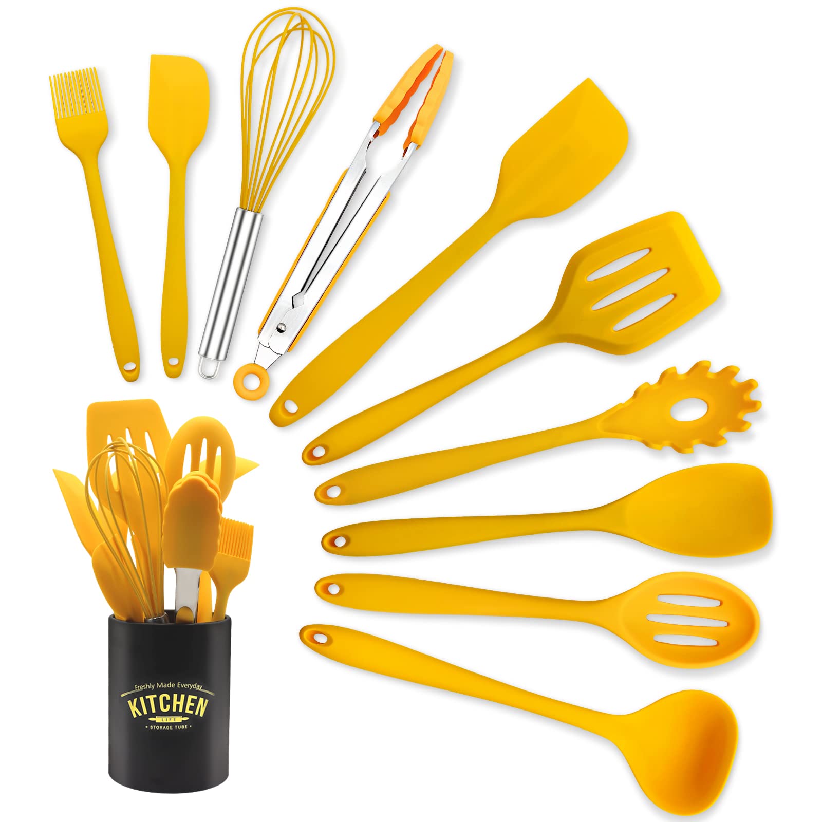 11 Piece Cooking Kitchen Utensils Set, Yellow Cooking Utensils Set, Non-Stick Silicone Spatula Set With Iron Utensils Holder, Si