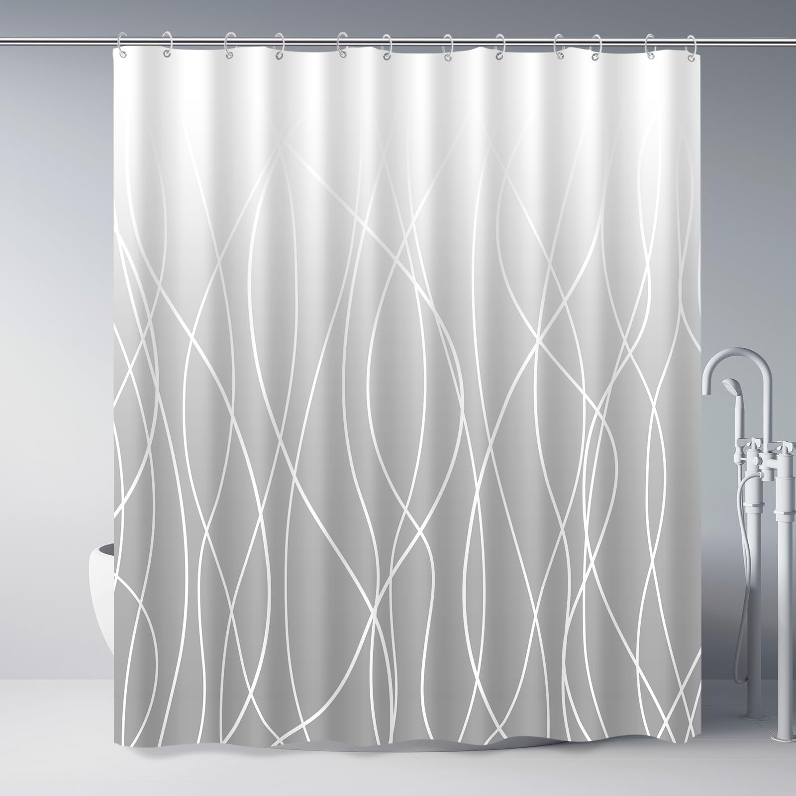 Punkray Ombre Light Grey Striped Fabric Shower Curtain For Bathroom With 12 Hooks, Shower Curtains For Bathroom, Waterproof Bath