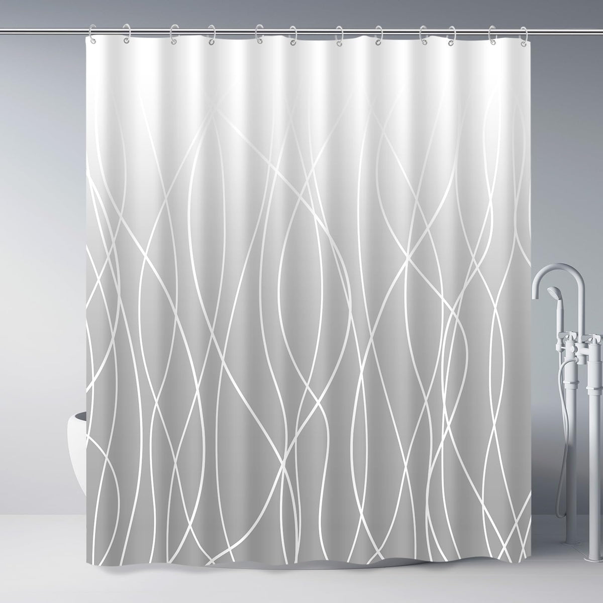 Punkray Ombre Light Grey Striped Fabric Shower Curtain For Bathroom With 12 Hooks, Shower Curtains For Bathroom, Waterproof Bath