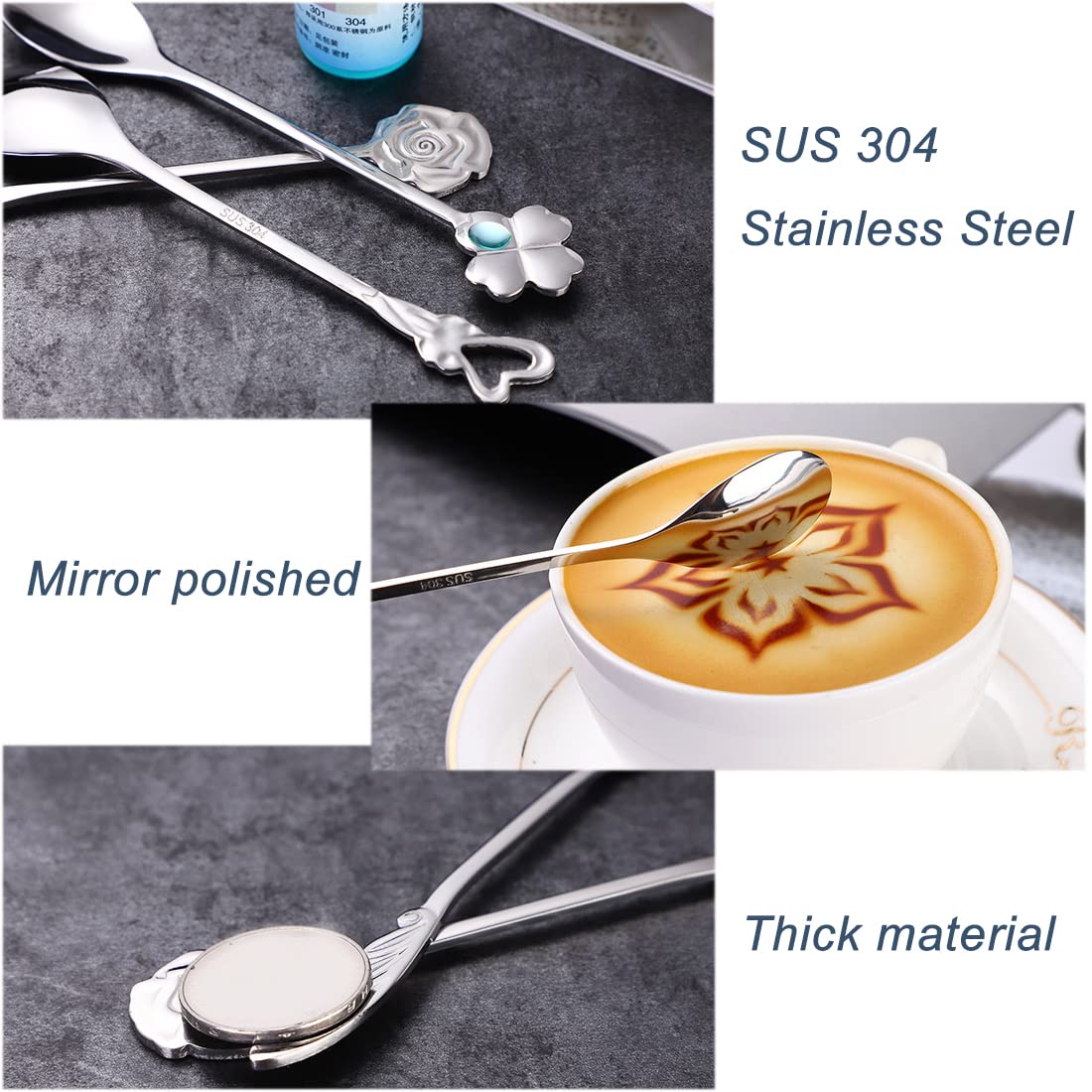 Turbokey 304 Stainless Steel Coffee Spoon Set,4-Pack: Heart Wing Rose Four Leaf Clover Style For Coffee Tea Dessert Drink Mixing