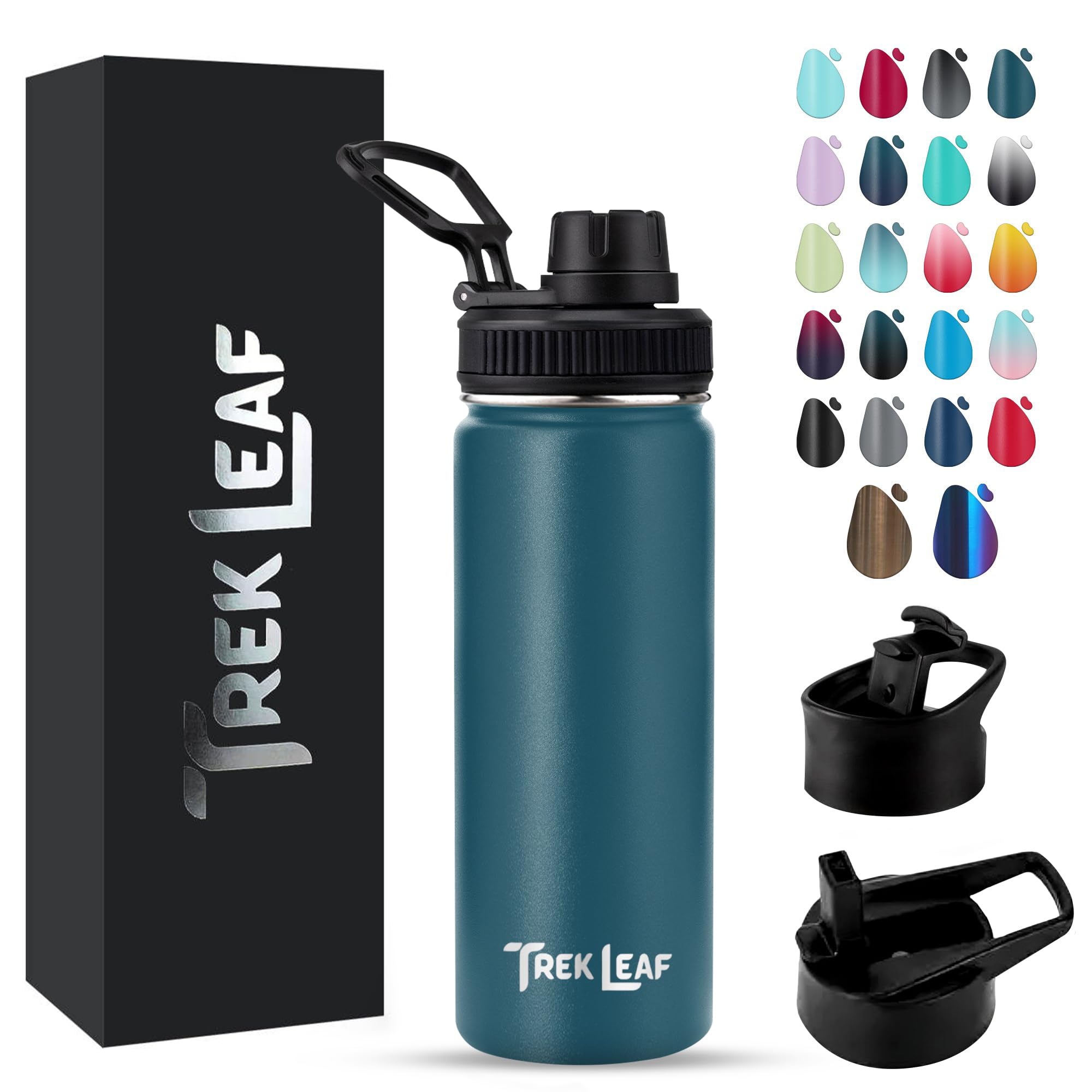 Trek Leaf Travel Water Bottle with 3 Lids (Spout, Straw, Flip) Leak Proof, Quality, Vacuum Insulated, Stainless Steel (Cascade T