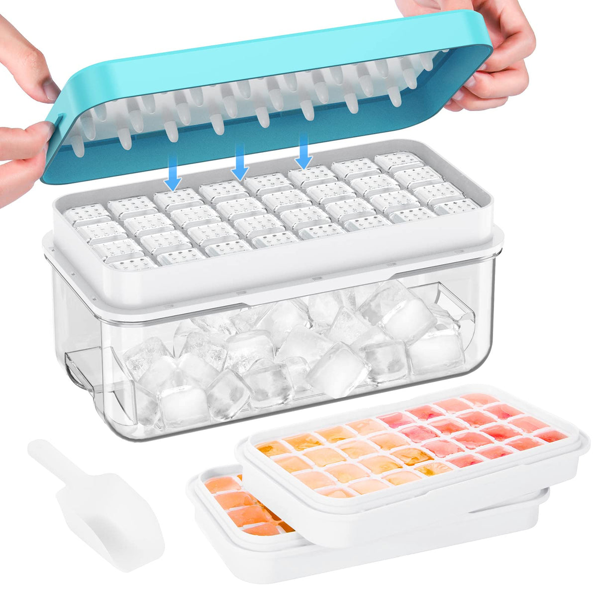 Ice Cube Tray With Lid And Bin, Phinox 64 Pcs Ice Trays For Freezer, Ice Cube Trays For Freezer With 2 Trays, Container, Lid & I