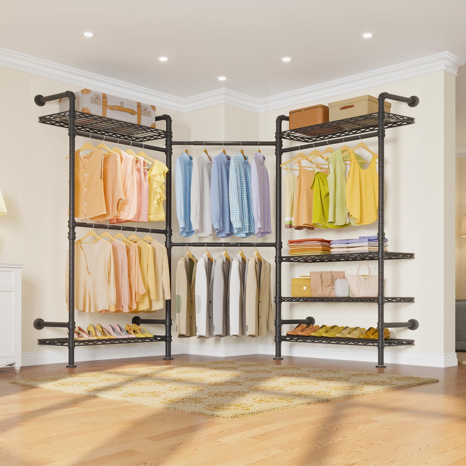 Timate L3 L Shape Garment Rack Heavy Duty Clothes Rack For Hanging Clothes, Expandable Industrial Pipe Wall Mounted Clothing Rac