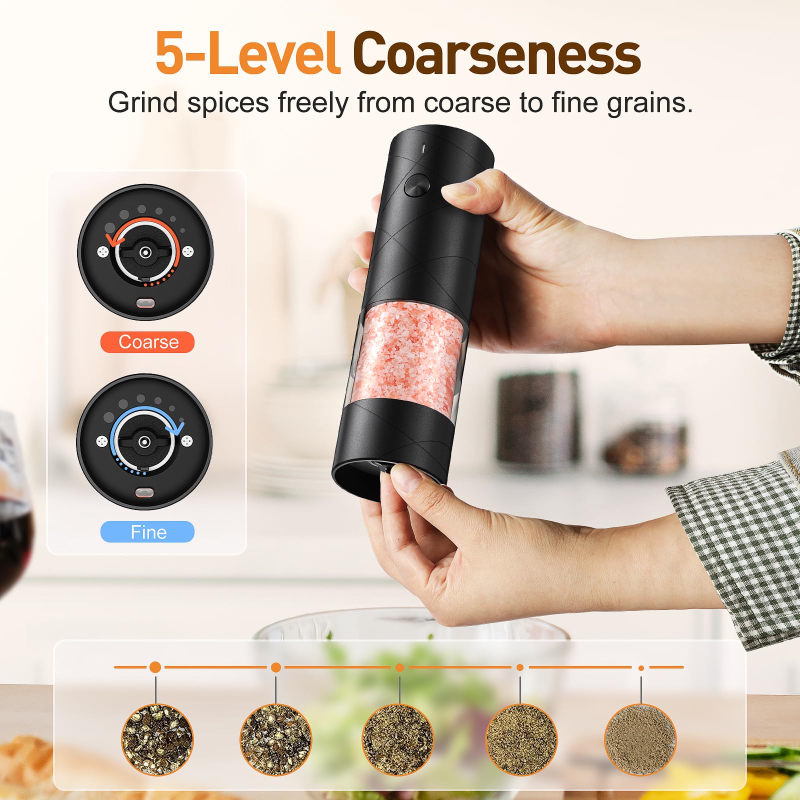 Electric Salt And Pepper Grinder Set, Rechargeable Automatic Pepper Mill Grinder With Led Light, Adjustable Coarseness Shakers,