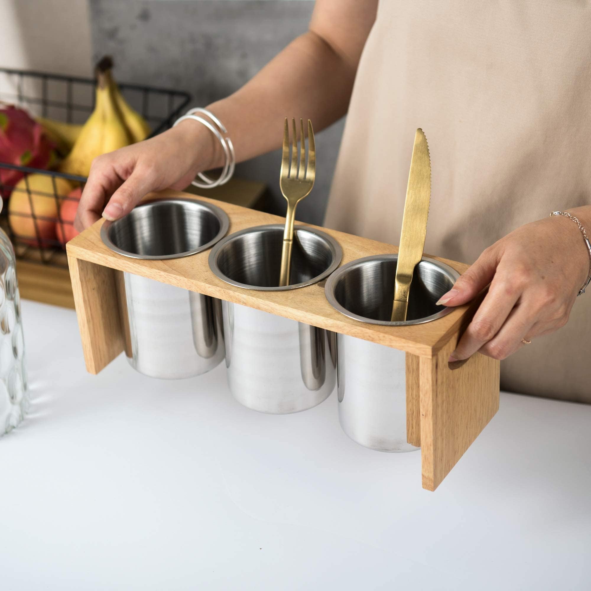 IMEEA Silverware Caddy - Stainless Steel Utensil Organizer with Wood Base, 3-Piece for Kitchen & Parties, Model 0256