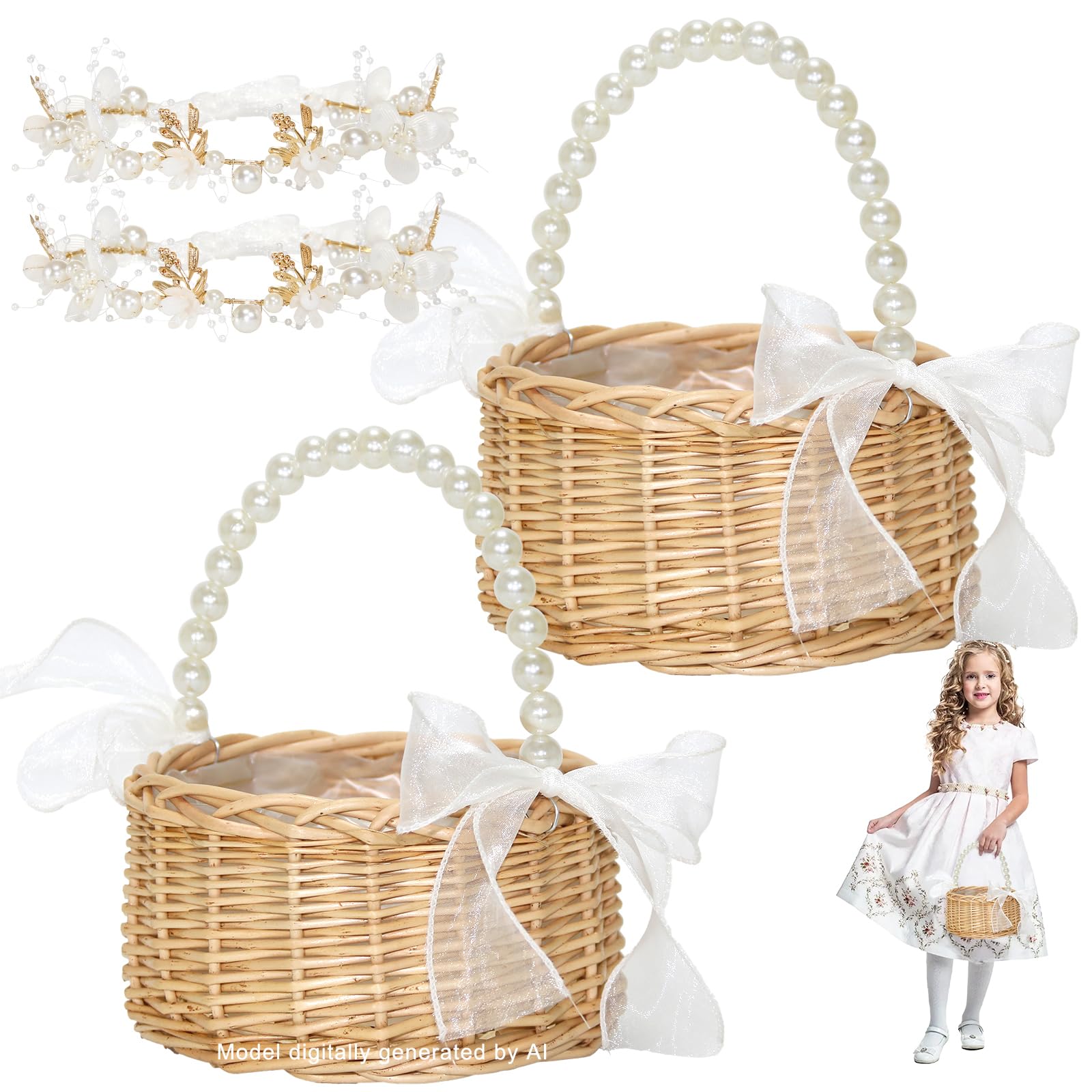 2 Set Wicker Flower Girl Basket & Headpiece,Wedding Flower Girl Baskets