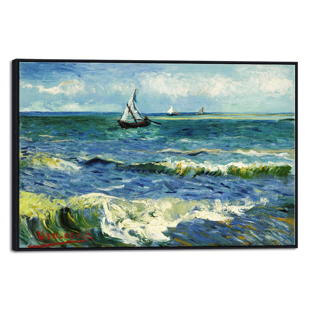 Wieco Art Extra Large Black Framed Canvas Prints Seascape At Saintes Maries By Vincent Van Gogh Modern Artwork Sea Pictures On C