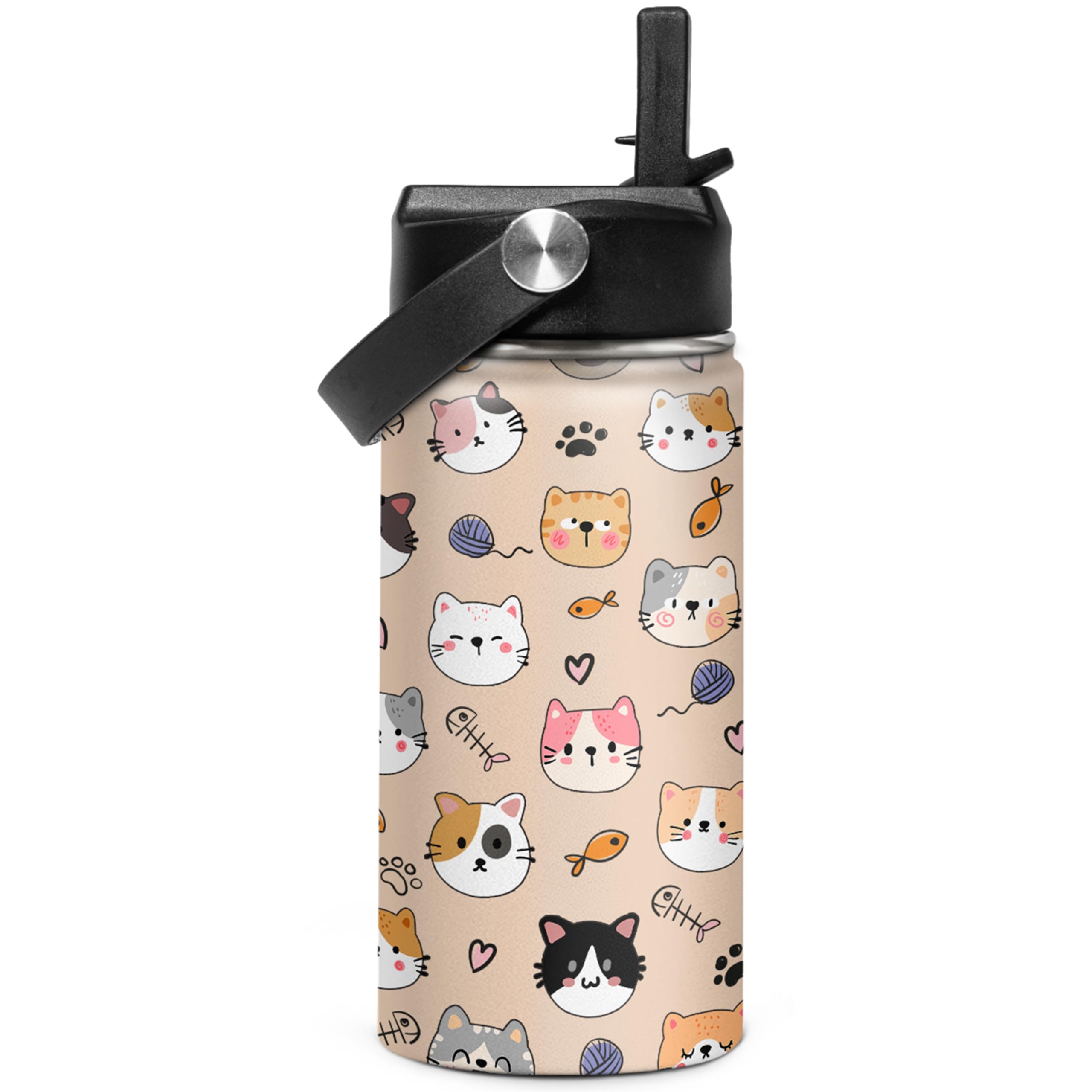 SANDJEST Kids Water Bottle Cat Water Bottles 12oz with Straw Insulated Stainless Steel Travel School Tumbler Double Wall Vacuum 