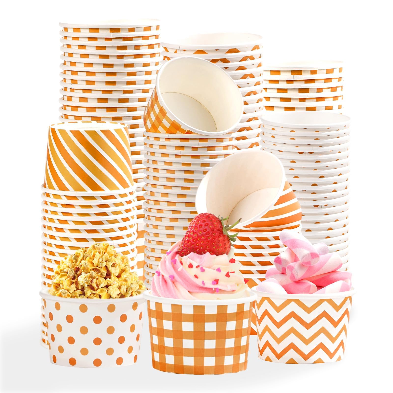 Grencian 120Pcs Fall Paper Bowls 12 oz Disposable Thanksgiving Ice Cream Bowls Fall Cups Soup Bowl Orange Gingham Polka Dot Snac